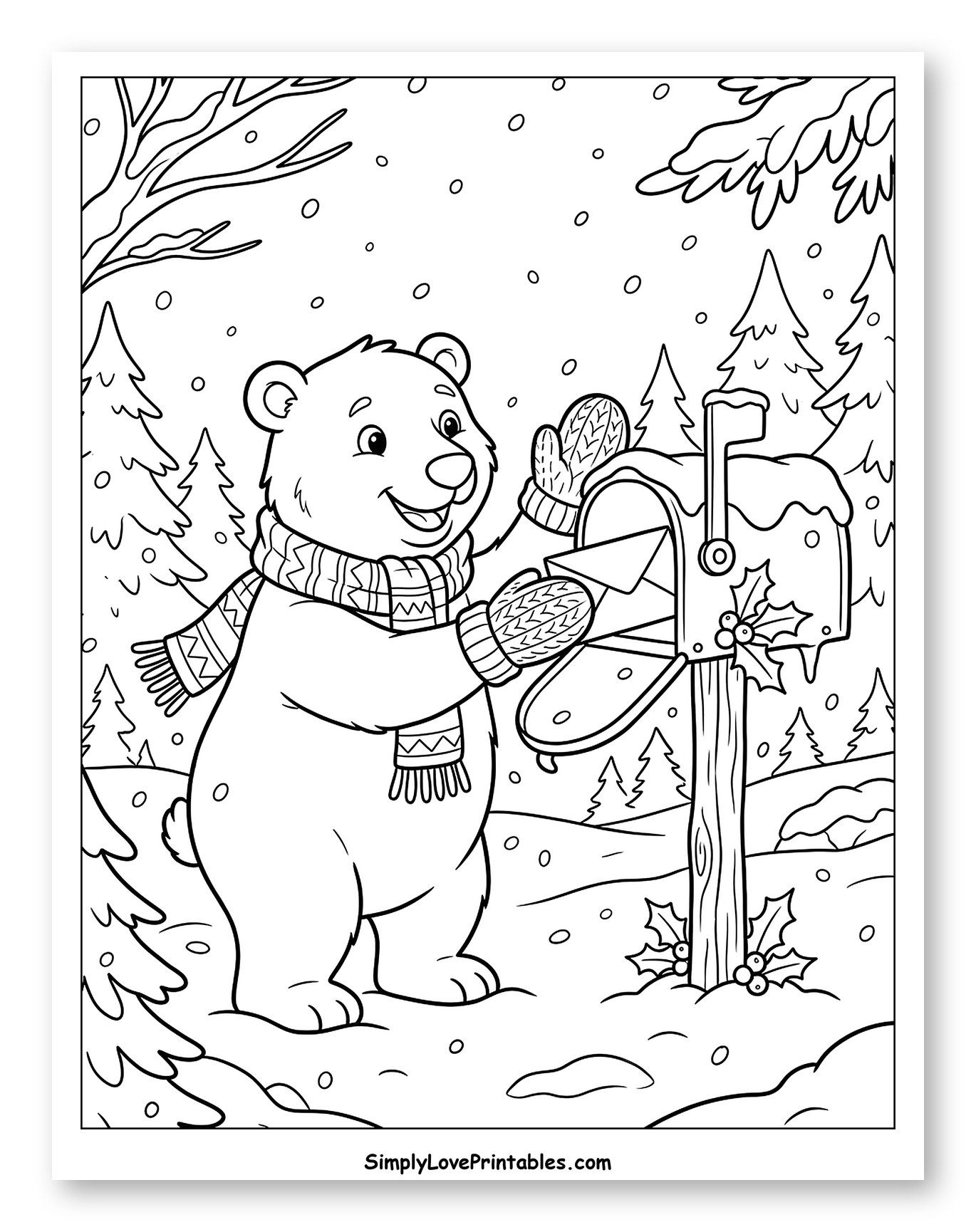 Friendly Polar Bear Mailing a Christmas Letter Coloring Page for Kids