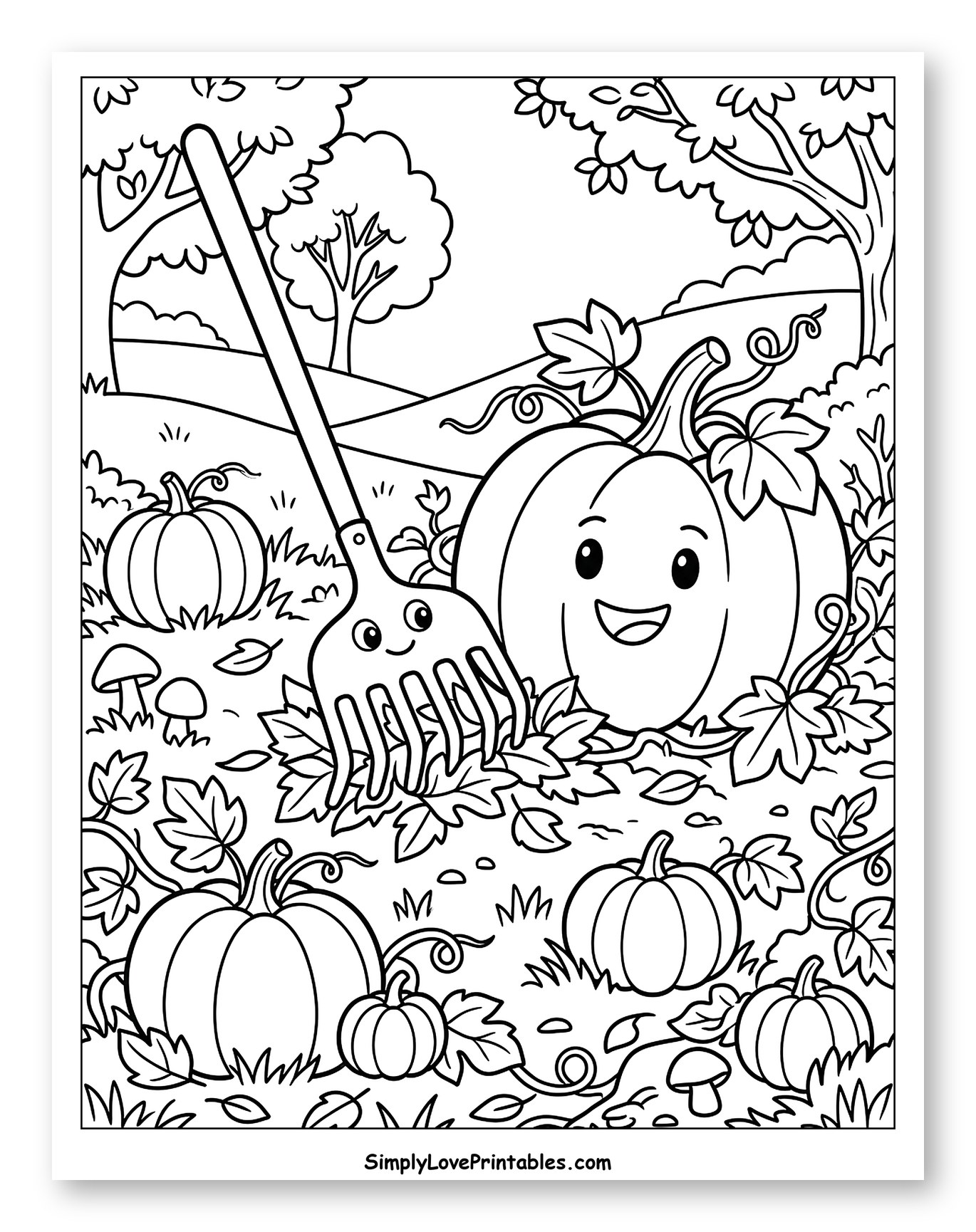 Friendly Rake and Pumpkins in Fall Landscape to Color for Kids