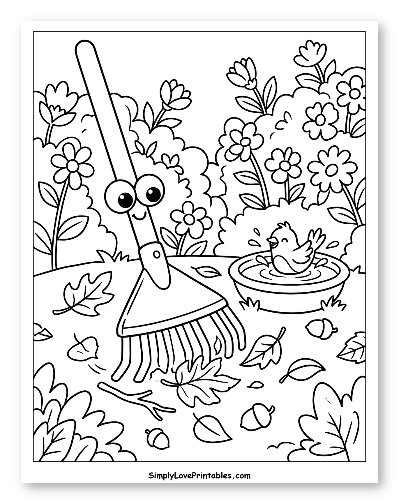 Friendly Rake Raking Leaves in a Garden to Color for Kids