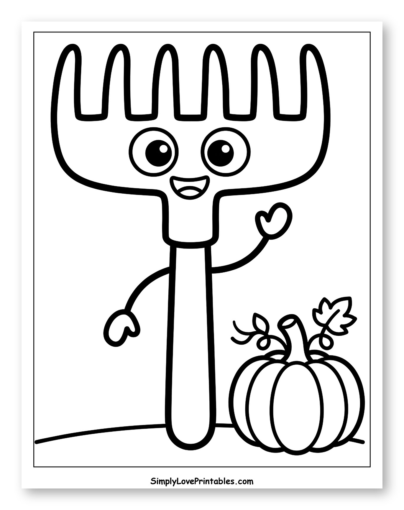 Friendly Rake Waving Beside a Pumpkin Coloring Sheet for Toddlers