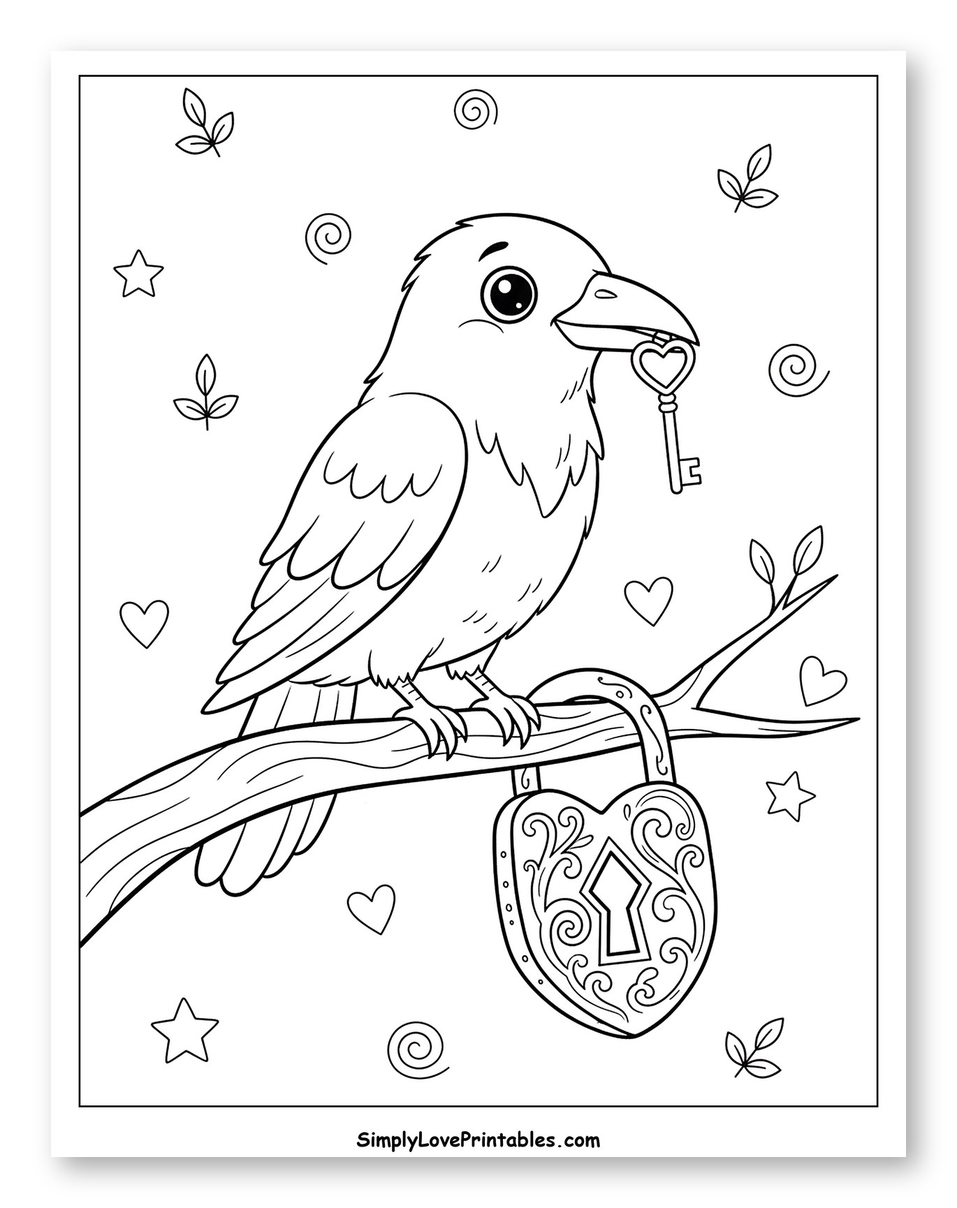 Friendly Raven Holding Heart Key on Branch to Color for Adults
