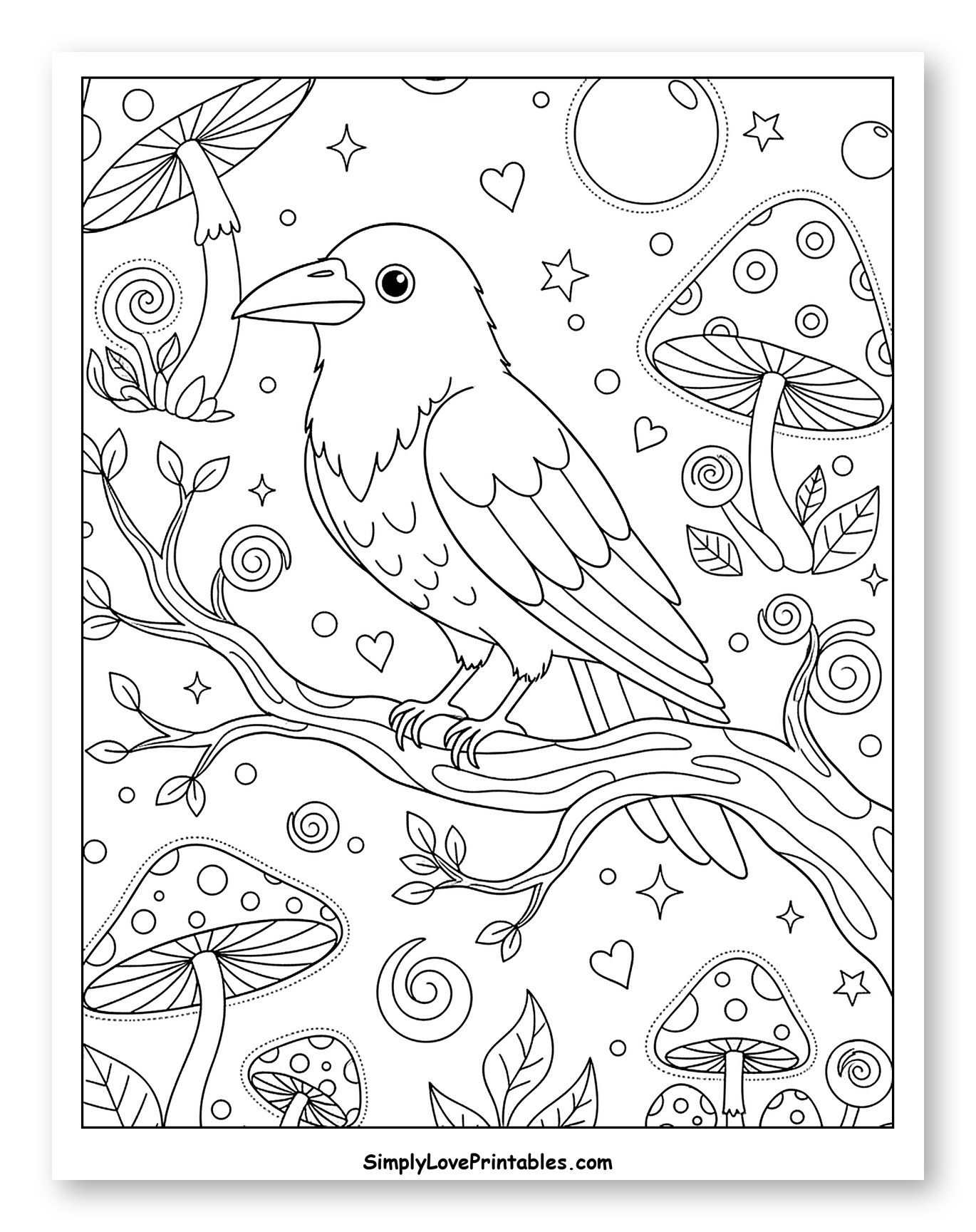 Friendly Raven on Branch with Whimsical Mushrooms Coloring Page for Adults
