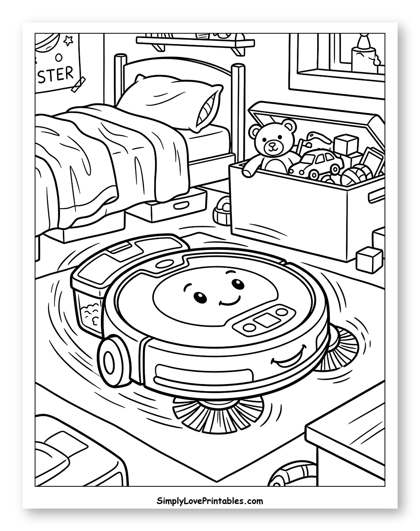 Friendly Robot Vacuum Tidying a Bedroom to Color for Kids