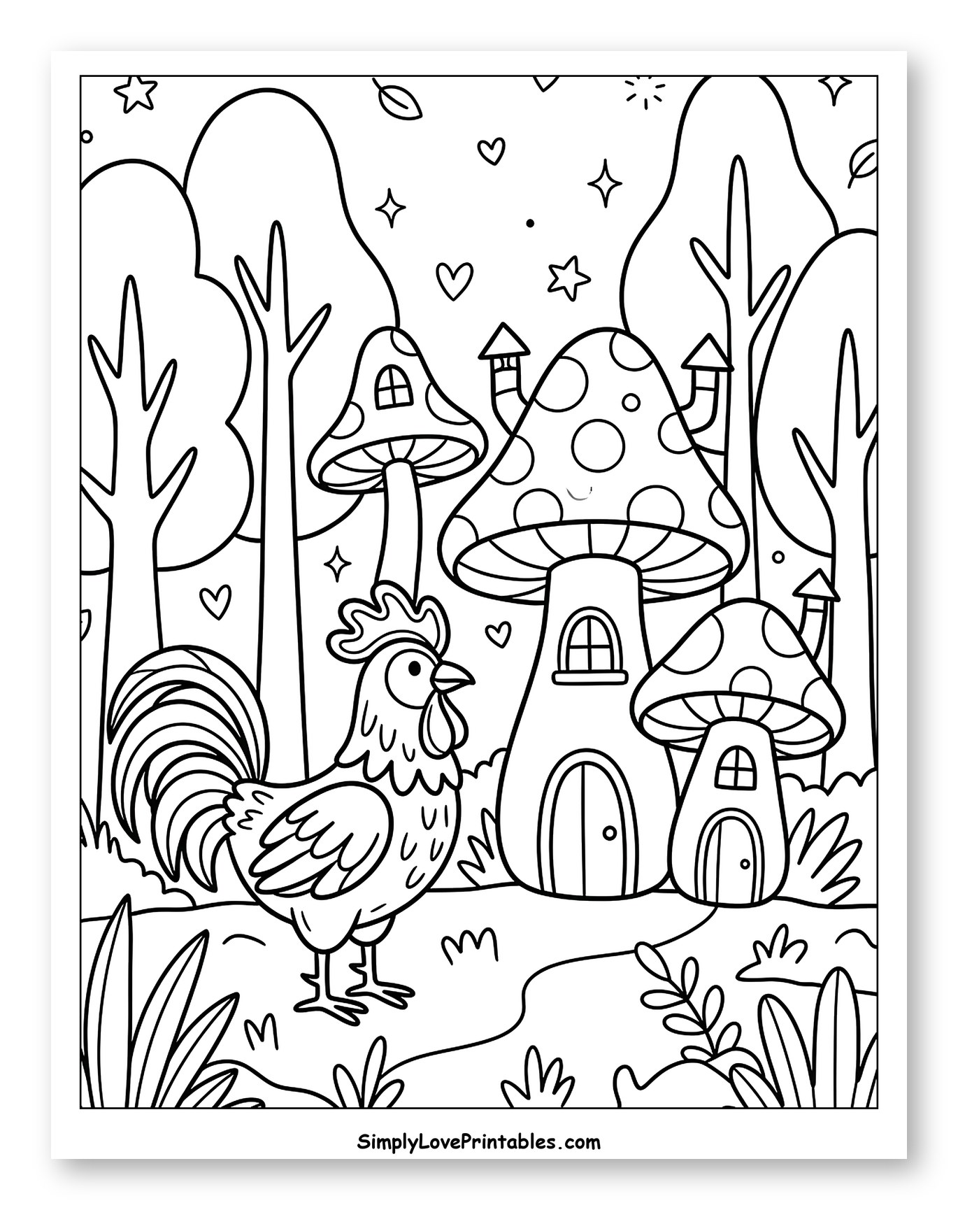 Friendly Rooster in a Magical Mushroom Village