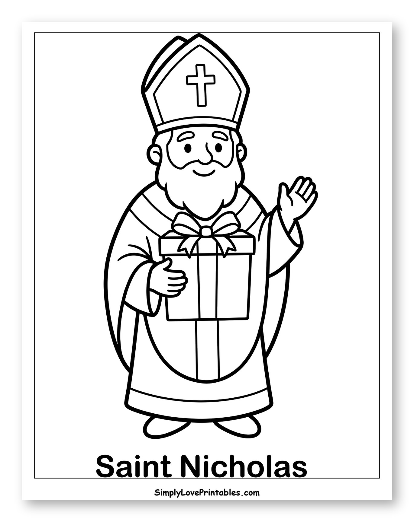 Friendly Saint Nicholas Waving with Gift Coloring Sheet for Toddlers