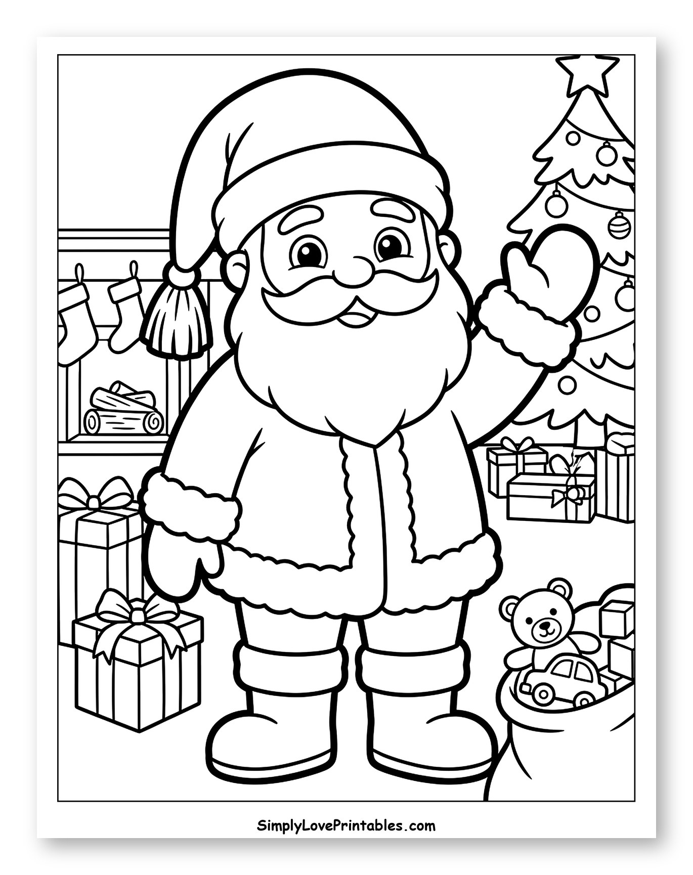 Friendly Santa Claus Waving Near the Christmas Tree Coloring Sheet for Toddlers