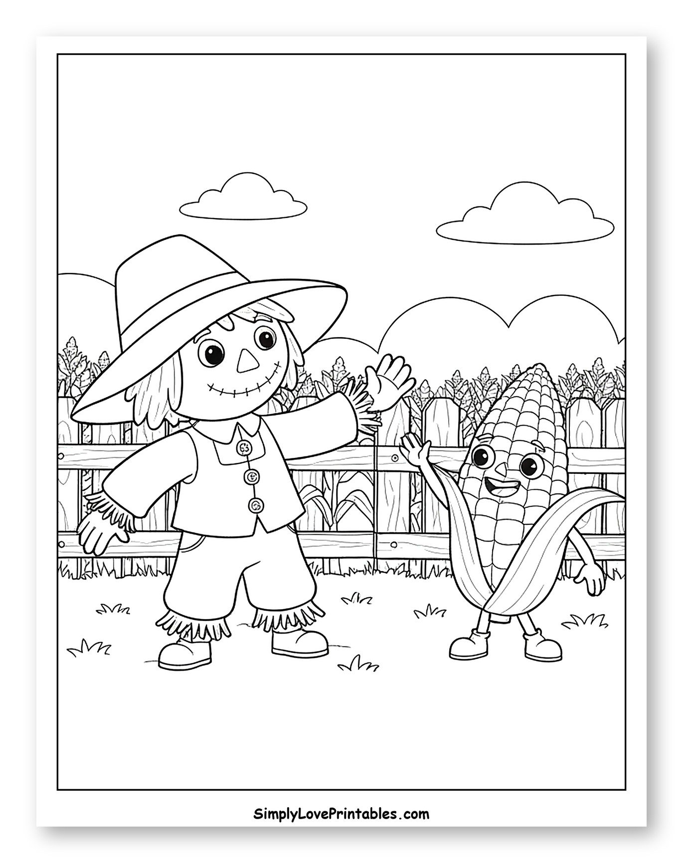 Friendly Scarecrow and Corn Waving Hello