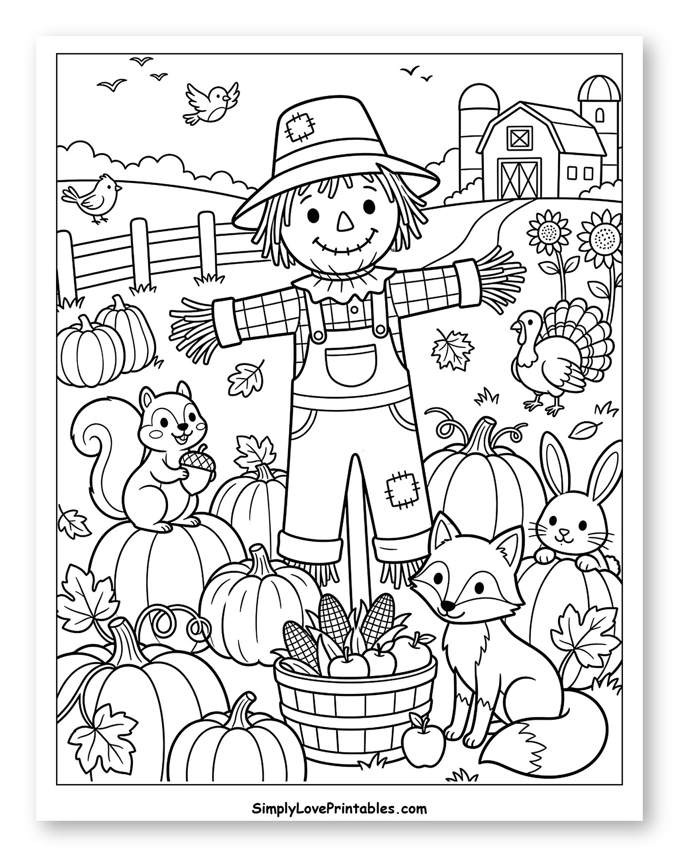 Friendly Scarecrow and Farm Animals with Pumpkins Coloring Page for Kids
