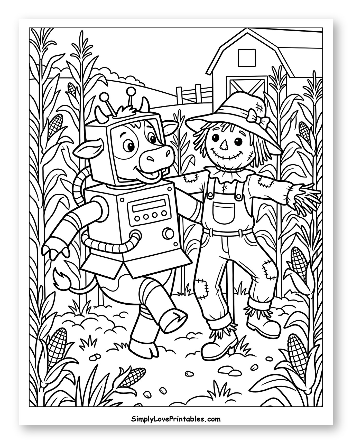 Friendly Scarecrow and Robot Cow Walking in Cornfield