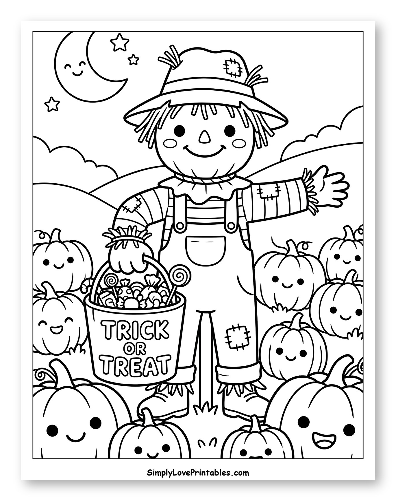 Friendly Scarecrow Holding Trick or Treat Bucket