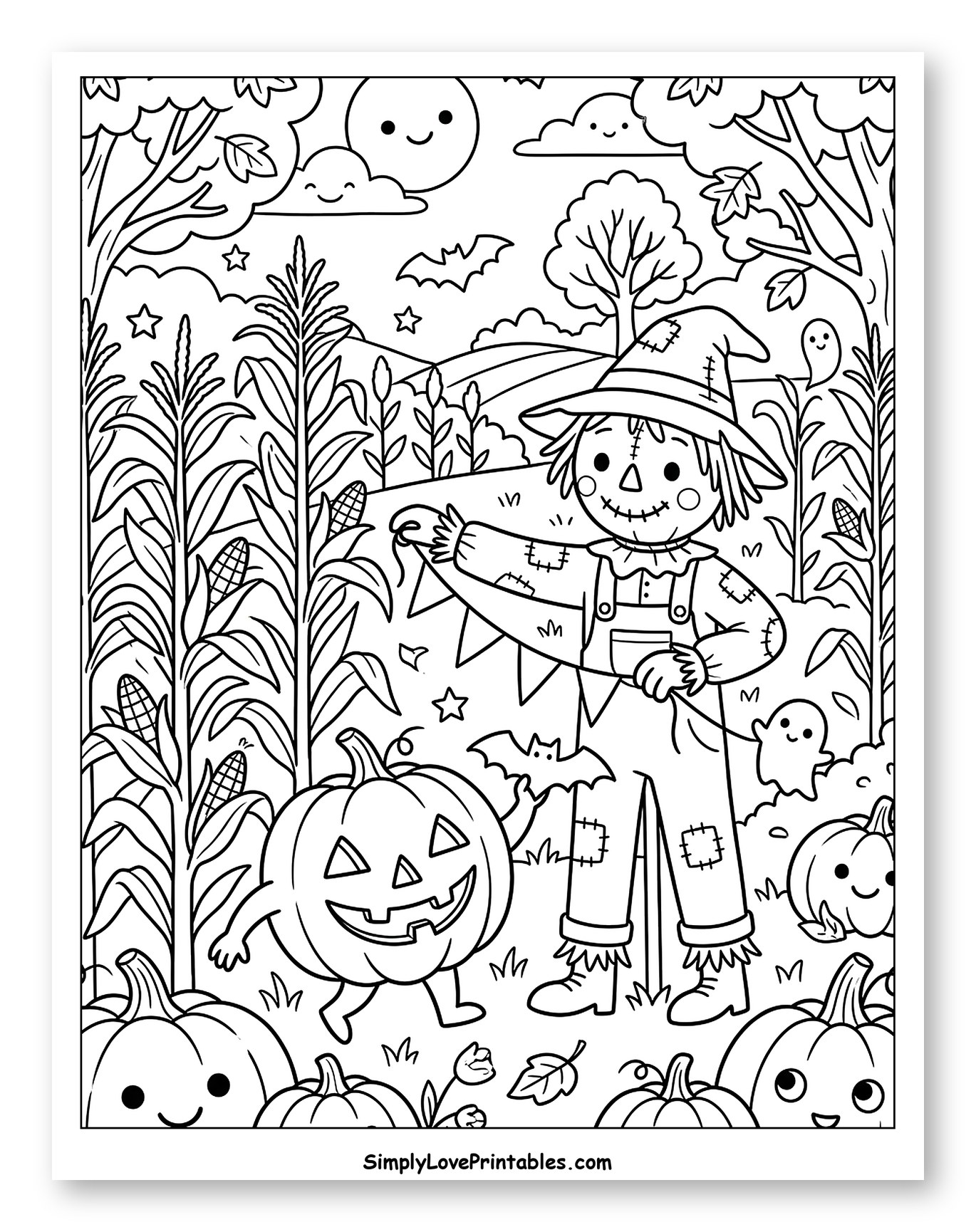 Friendly Scarecrow in a Halloween Cornfield to Color for Kids
