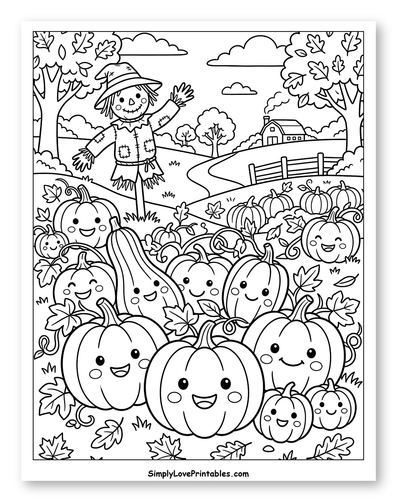 Friendly Scarecrow in a Happy Pumpkin Patch