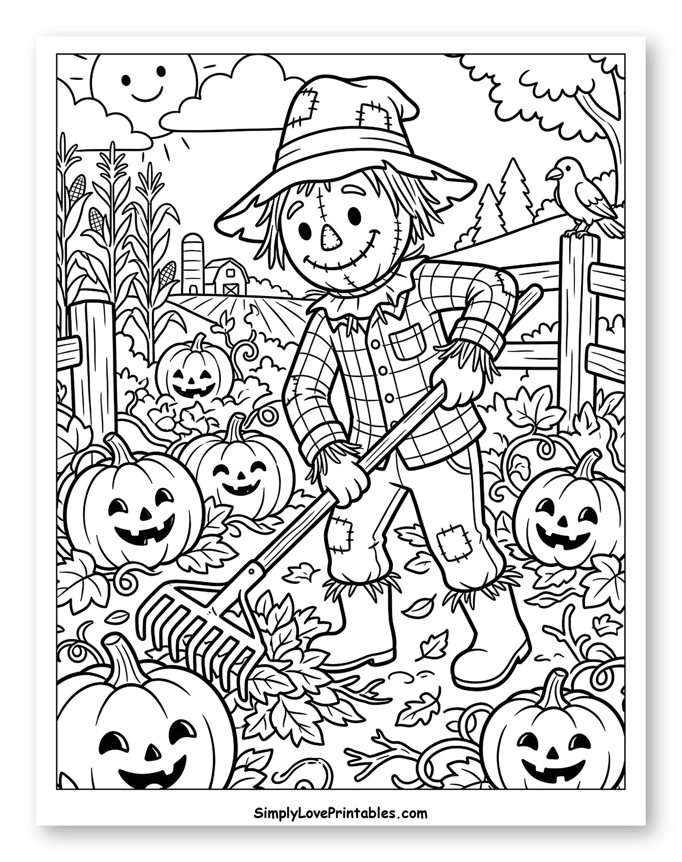 Friendly Scarecrow Raking Leaves and Pumpkins