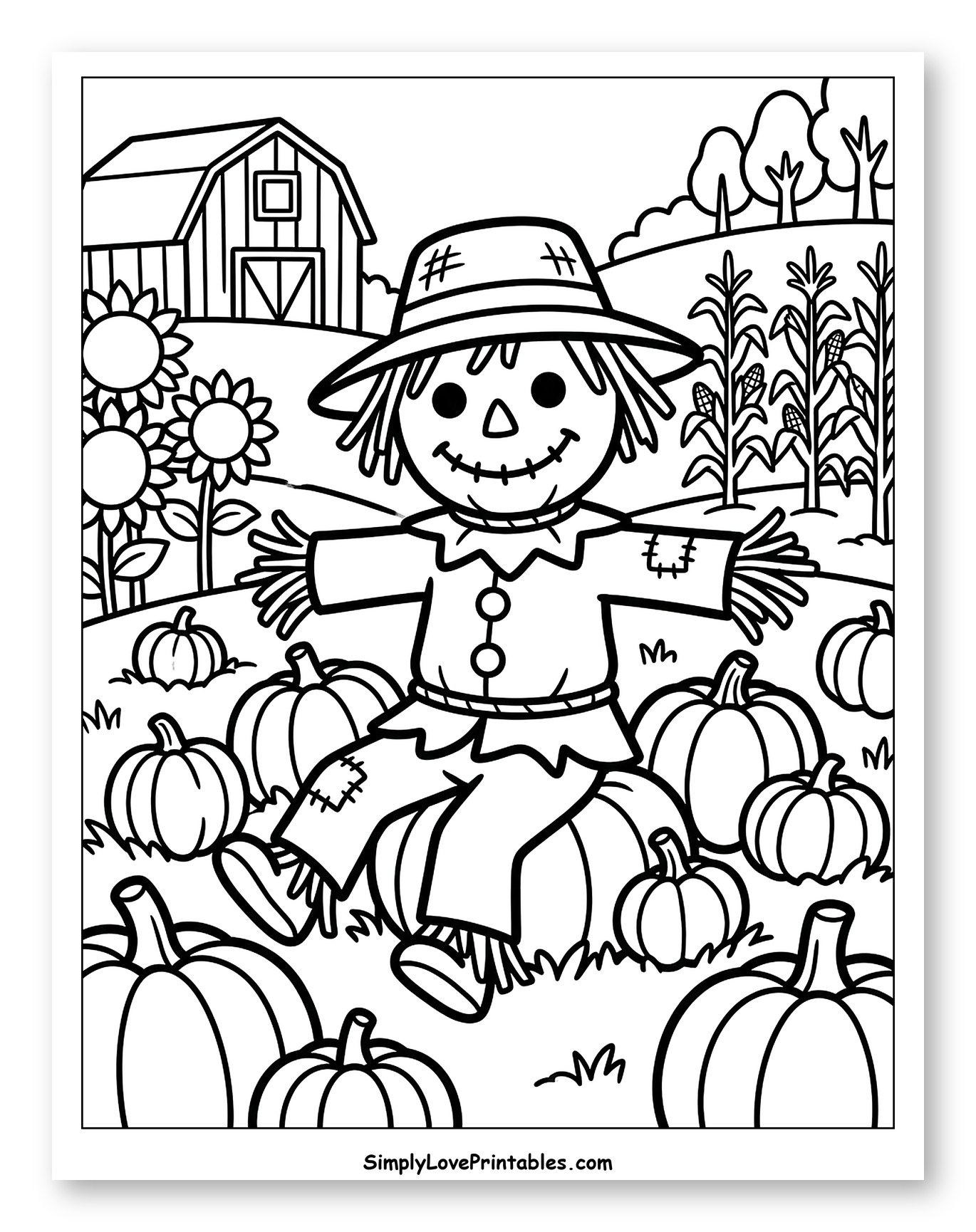 Friendly Scarecrow Sitting in a Pumpkin Patch