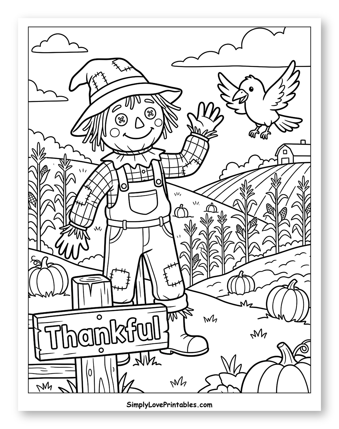 Friendly Scarecrow Waving in a Pumpkin Patch