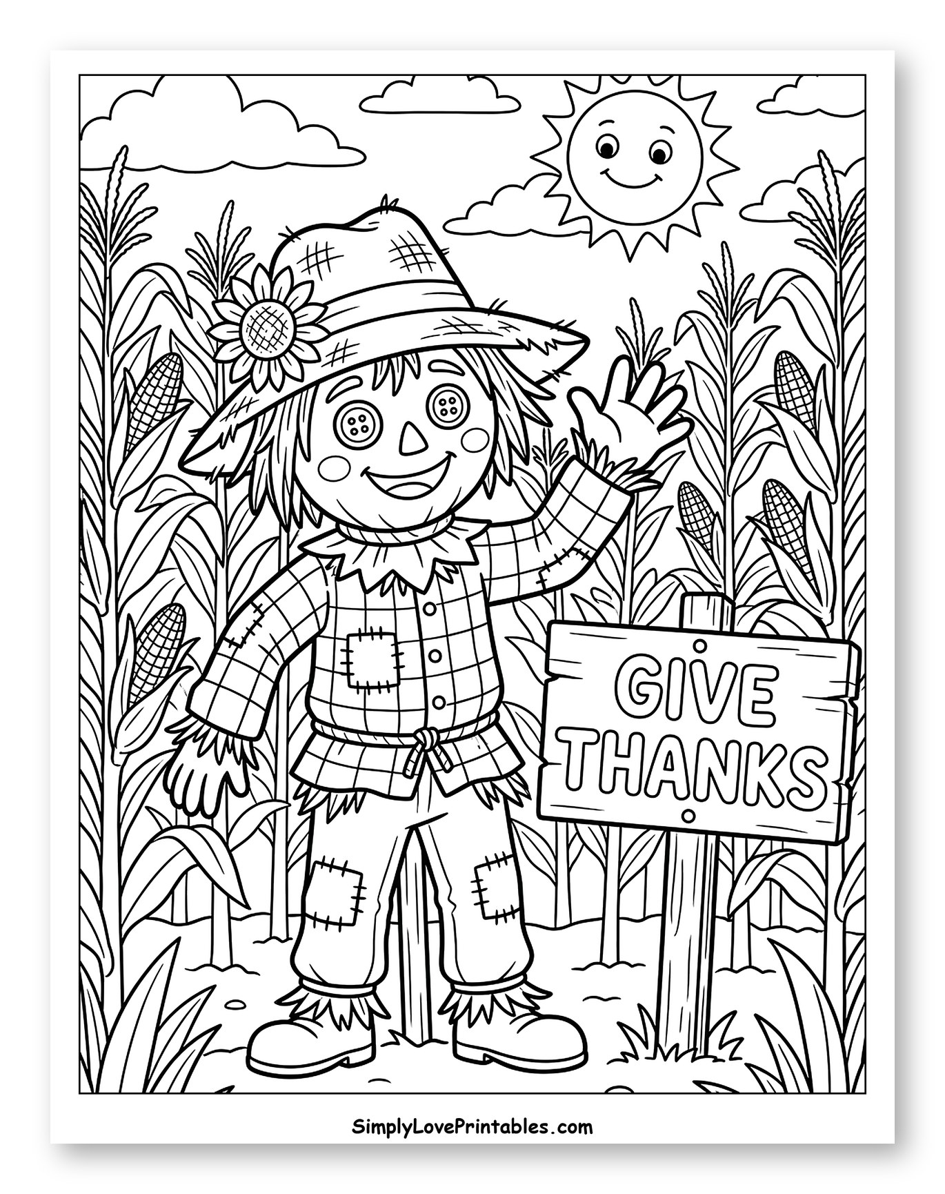 Friendly Scarecrow with Give Thanks Sign to Color for Kids