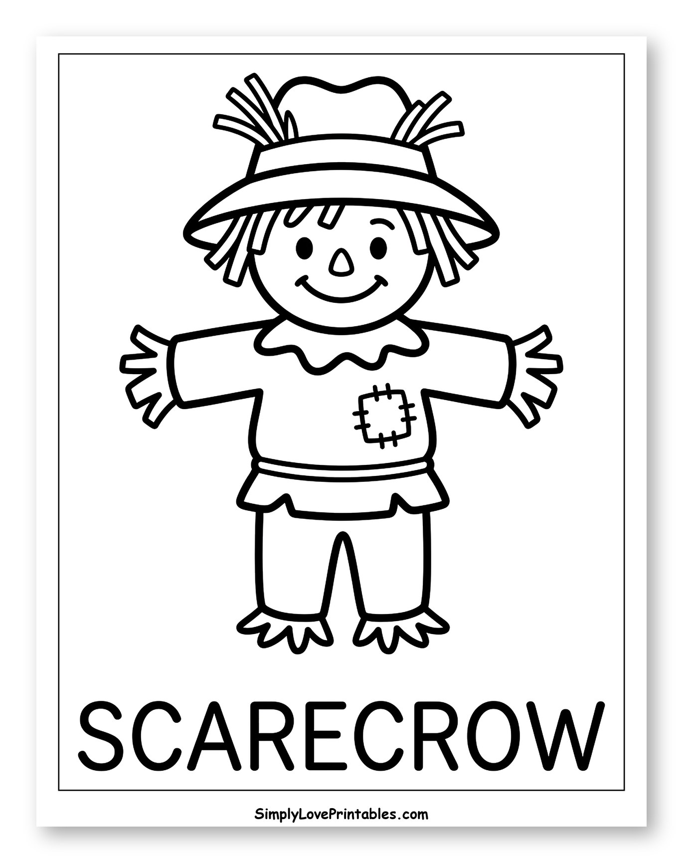 Friendly Scarecrow with Patched Shirt and Hat Coloring Sheet for Toddlers