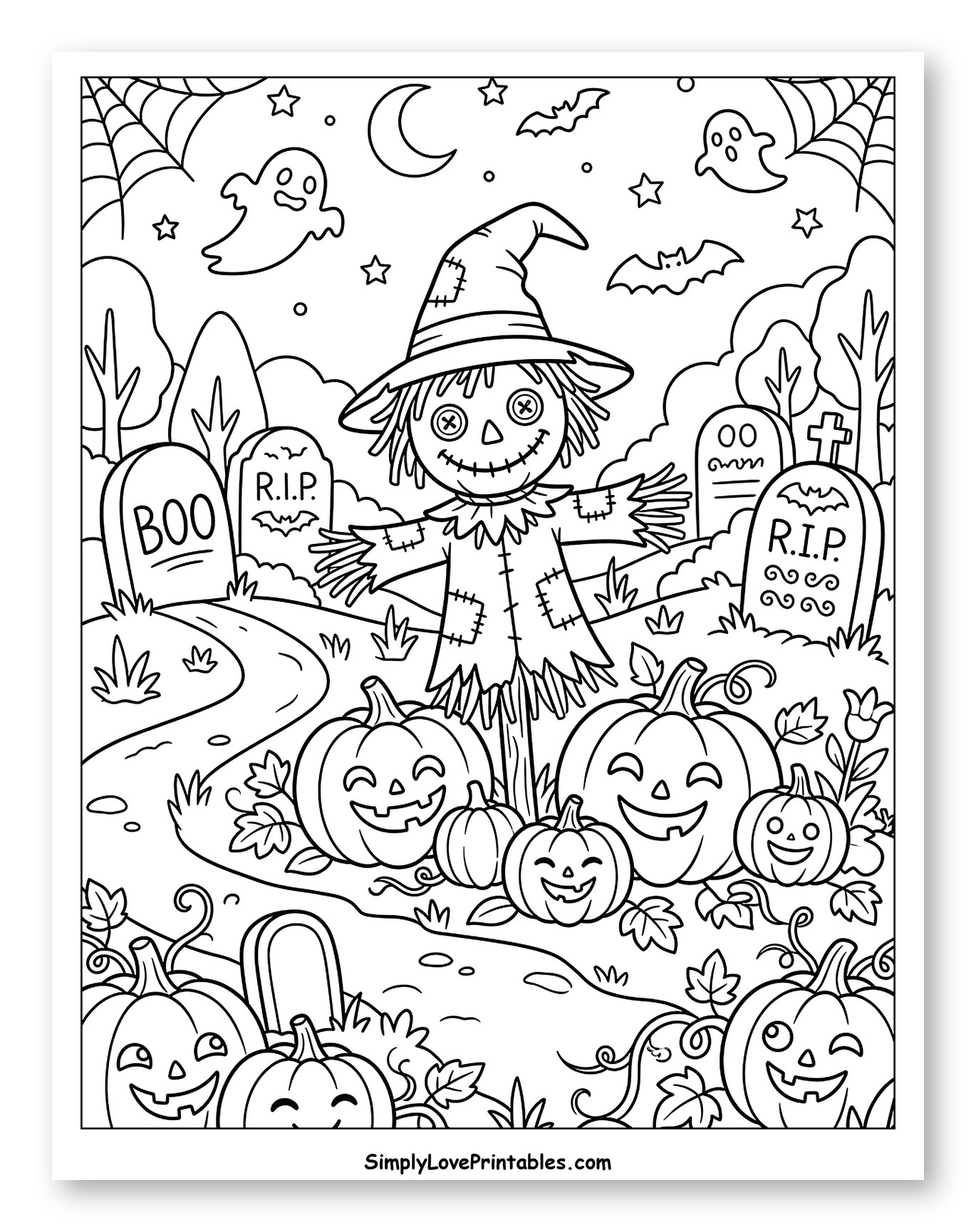 Friendly Scarecrow with Pumpkins in Graveyard Coloring Page for Kids