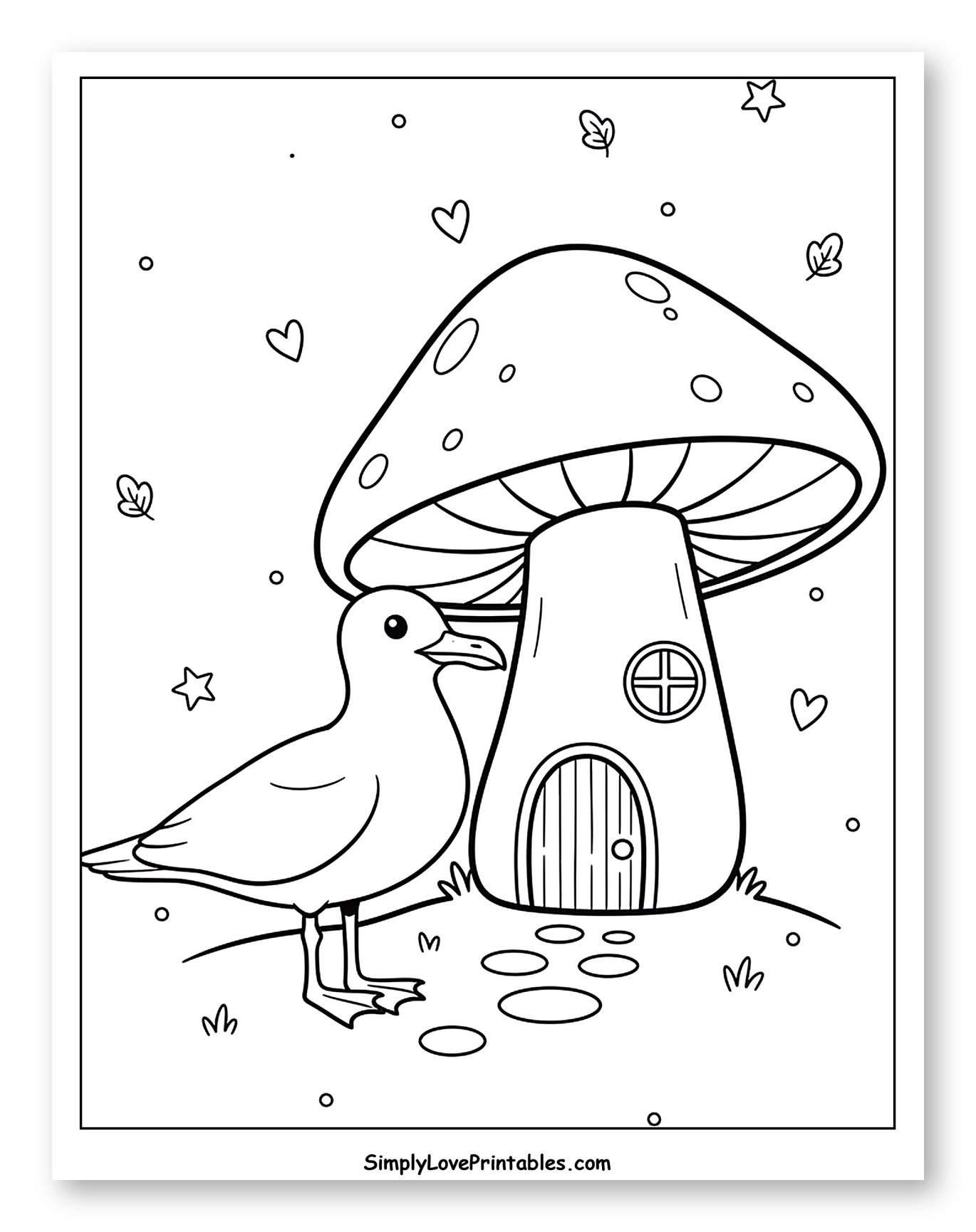 Friendly Seagull Beside a Mushroom Home Coloring Page for Adults