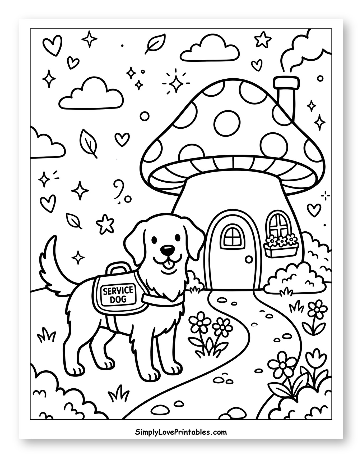 Friendly Service Dog at Mushroom House Coloring Sheet for Adults