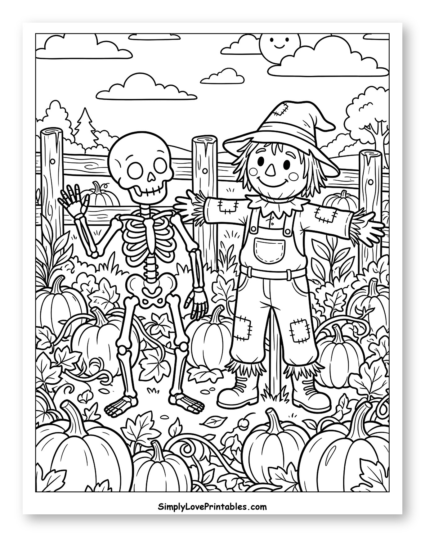 Friendly Skeleton and Scarecrow in Pumpkin Patch to Color for Kids