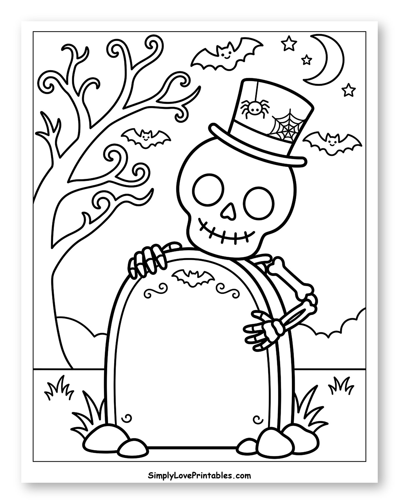 Friendly Skeleton at a Halloween Graveyard Coloring Page for Toddlers