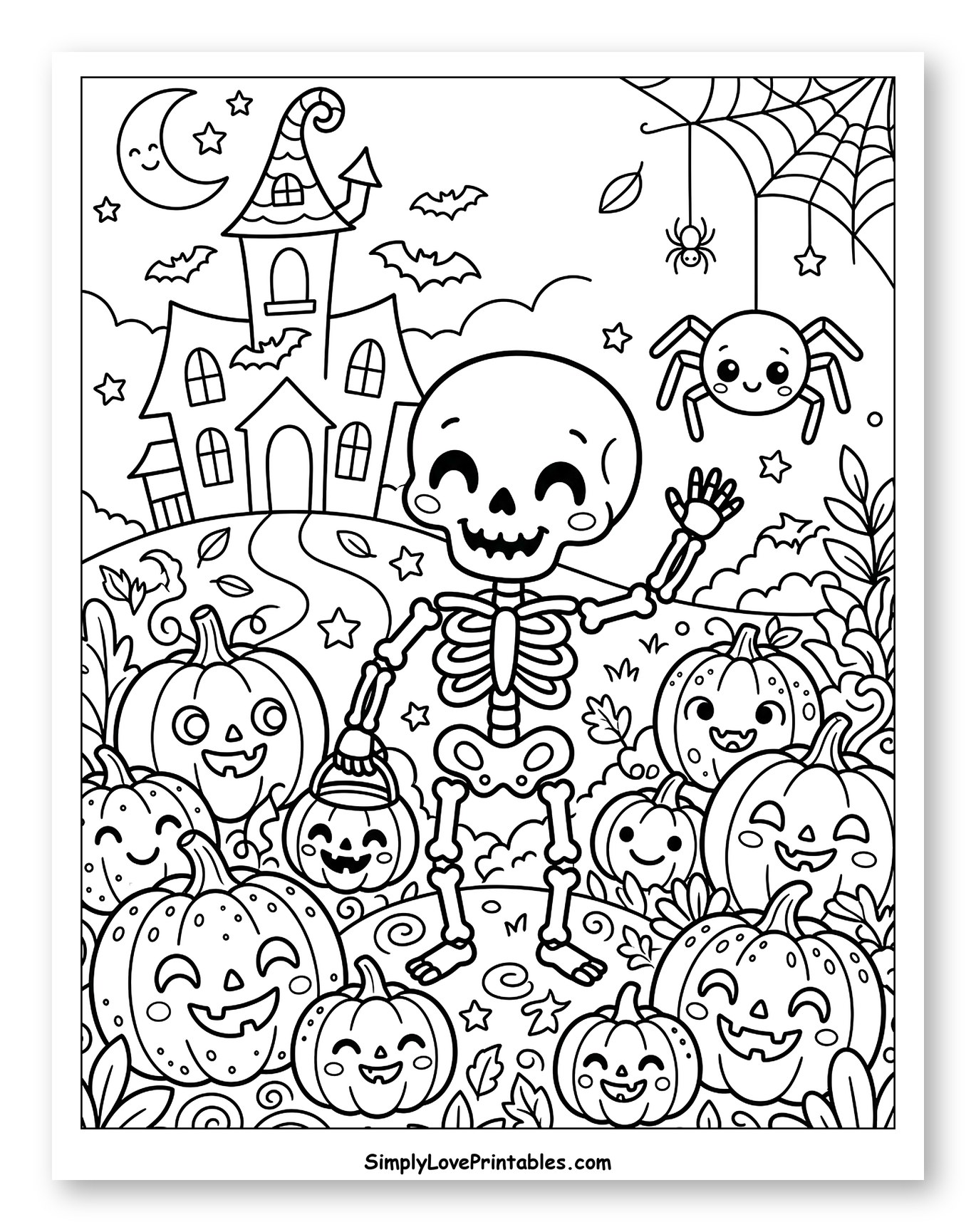 Friendly Skeleton at Haunted House with Pumpkins Coloring Sheet for Kids