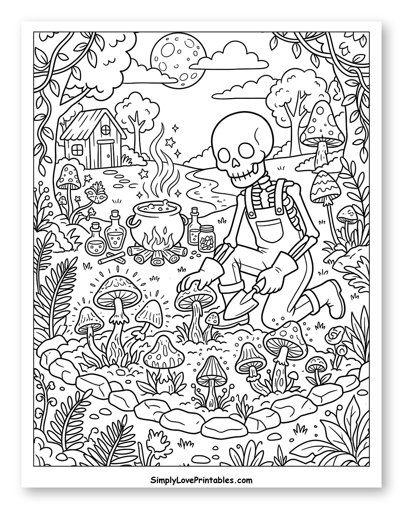 Friendly Skeleton Foraging Mushrooms at Night