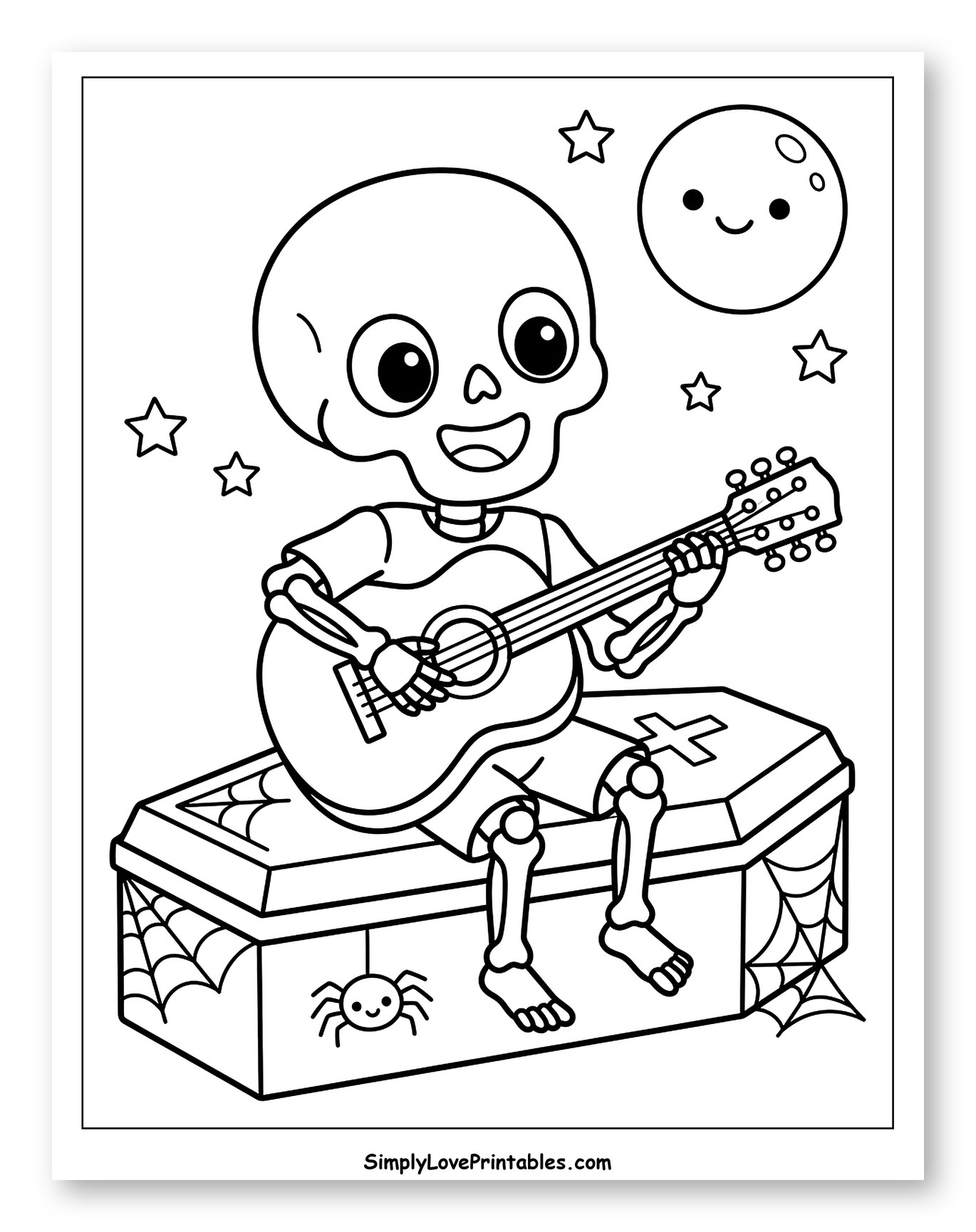 Friendly Skeleton Playing Guitar on Coffin