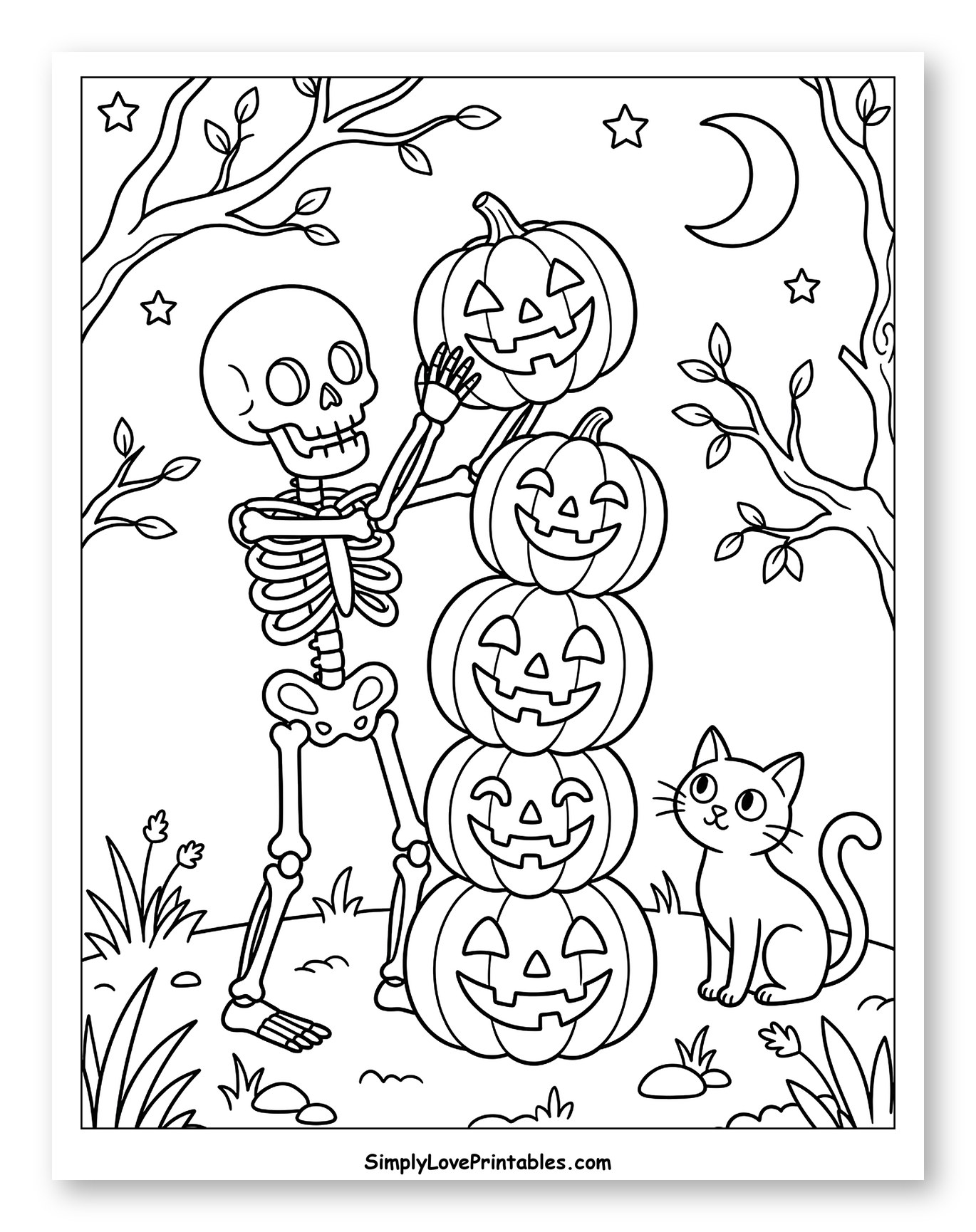Friendly Skeleton Stacks Pumpkins Under Moonlight