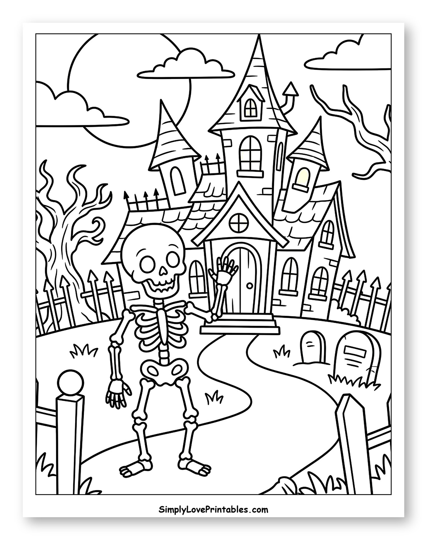 Friendly Skeleton Waving at a Spooky Haunted House
