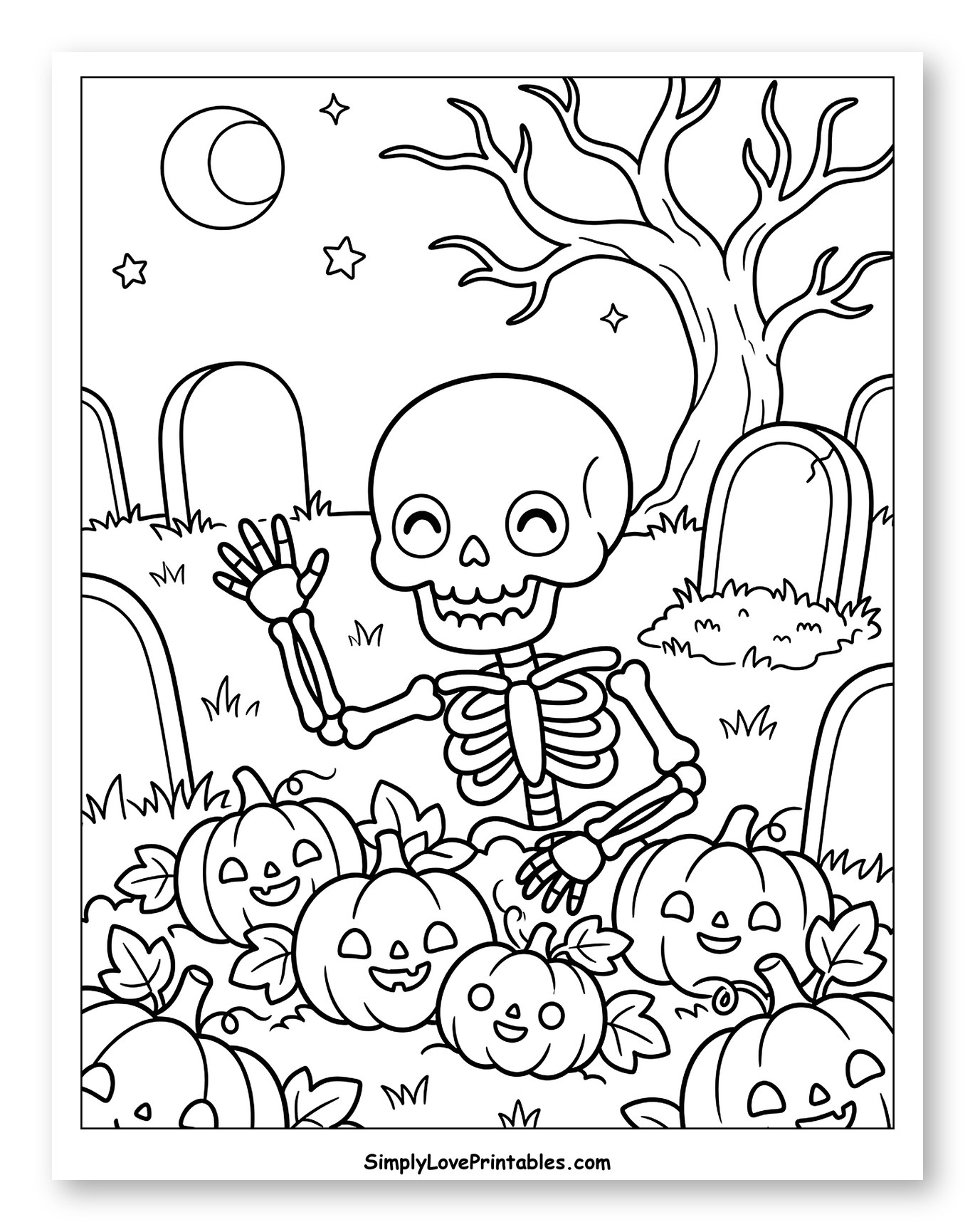 Friendly Skeleton Waving in a Graveyard Coloring Page for Kids