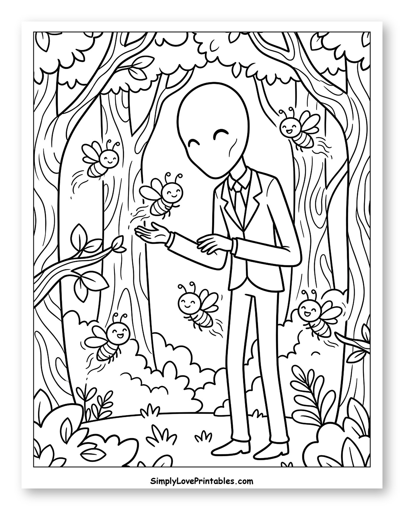 Friendly Slender Man in Forest with Bees to Color for Kids