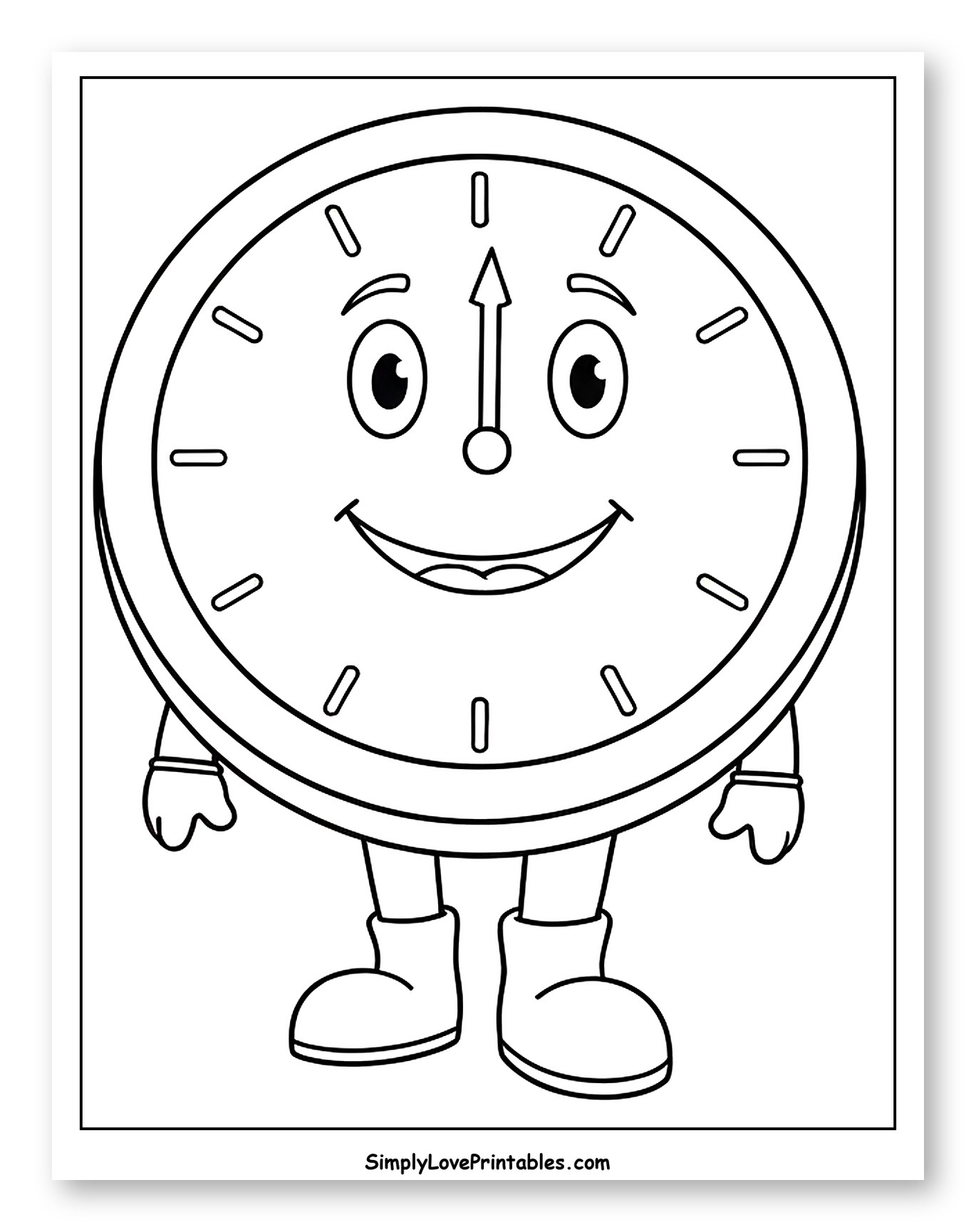 Friendly Smiling Clock with Arms and Legs Coloring Page for Toddlers