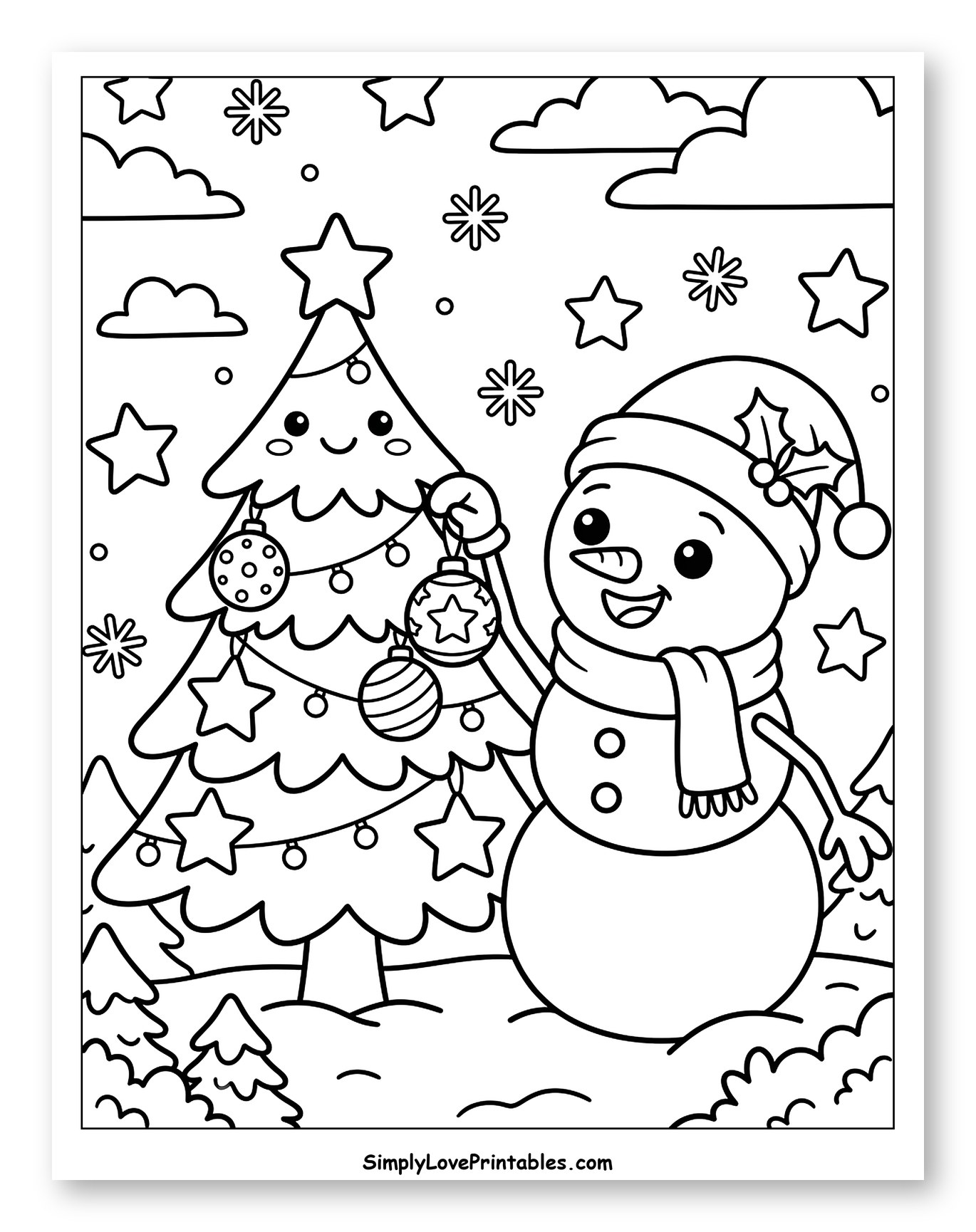 Friendly Snowman Decorating a Cute Christmas Tree