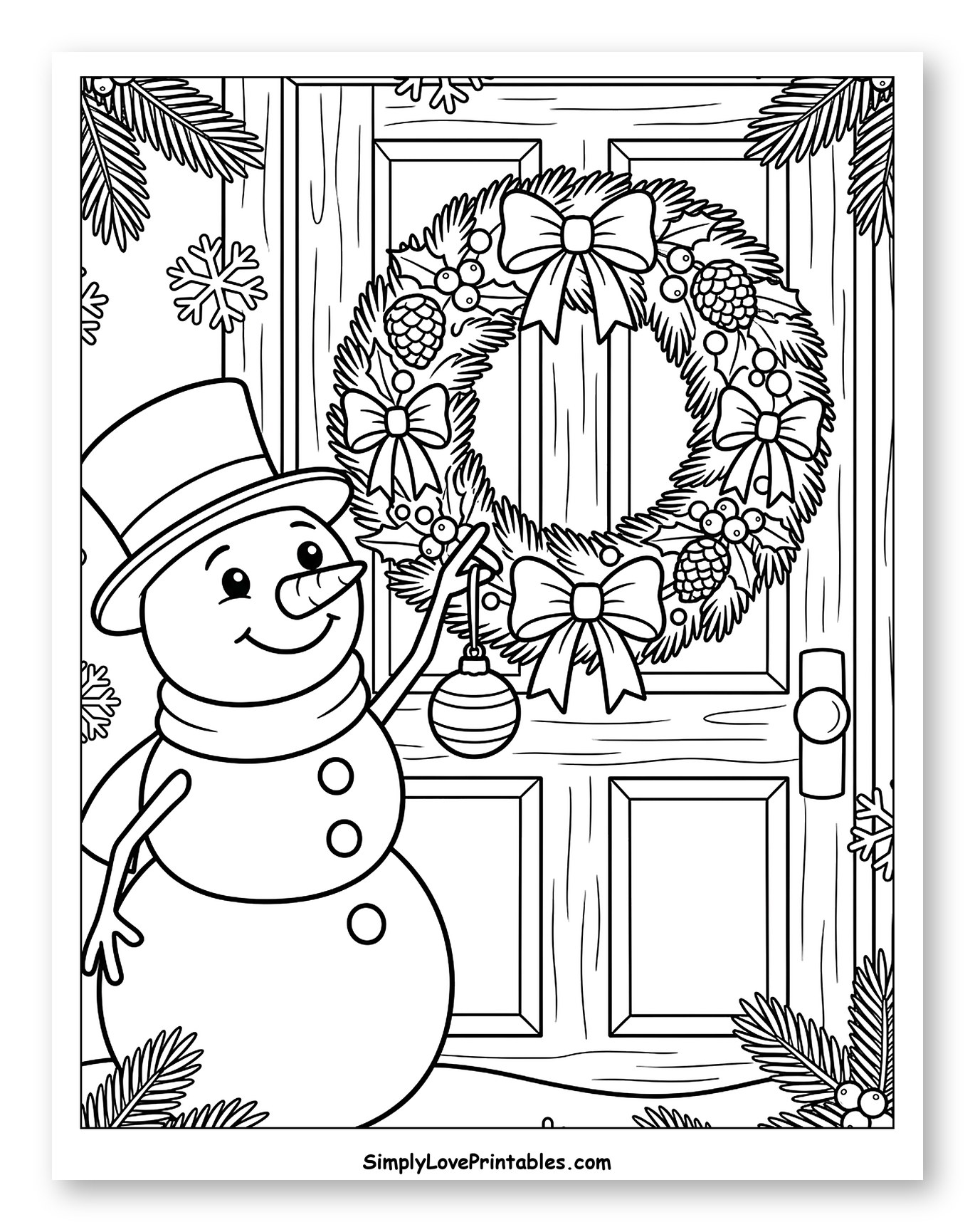 Friendly Snowman Decorating a Festive Holiday Door