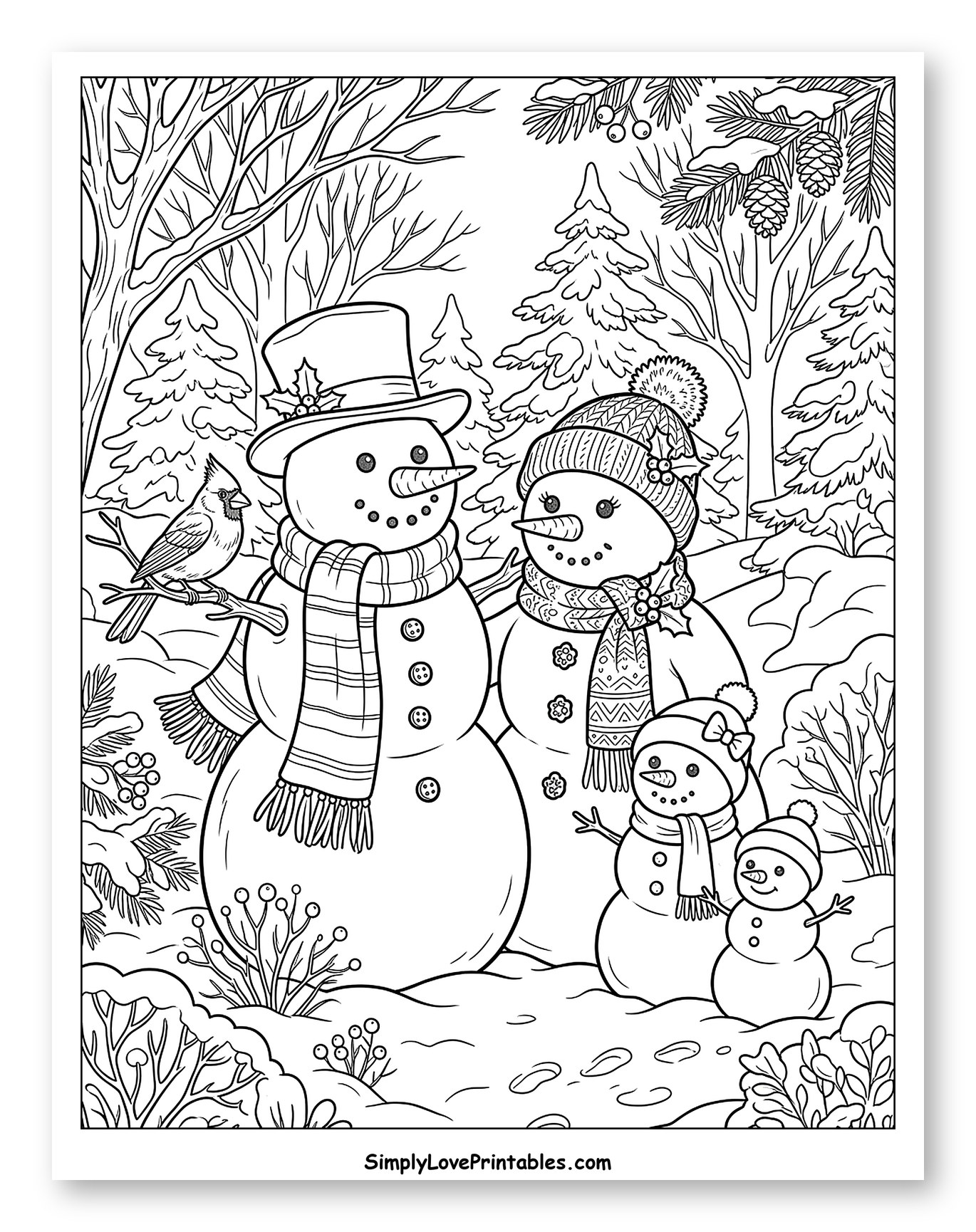 Friendly Snowman Family in a Snowy Forest