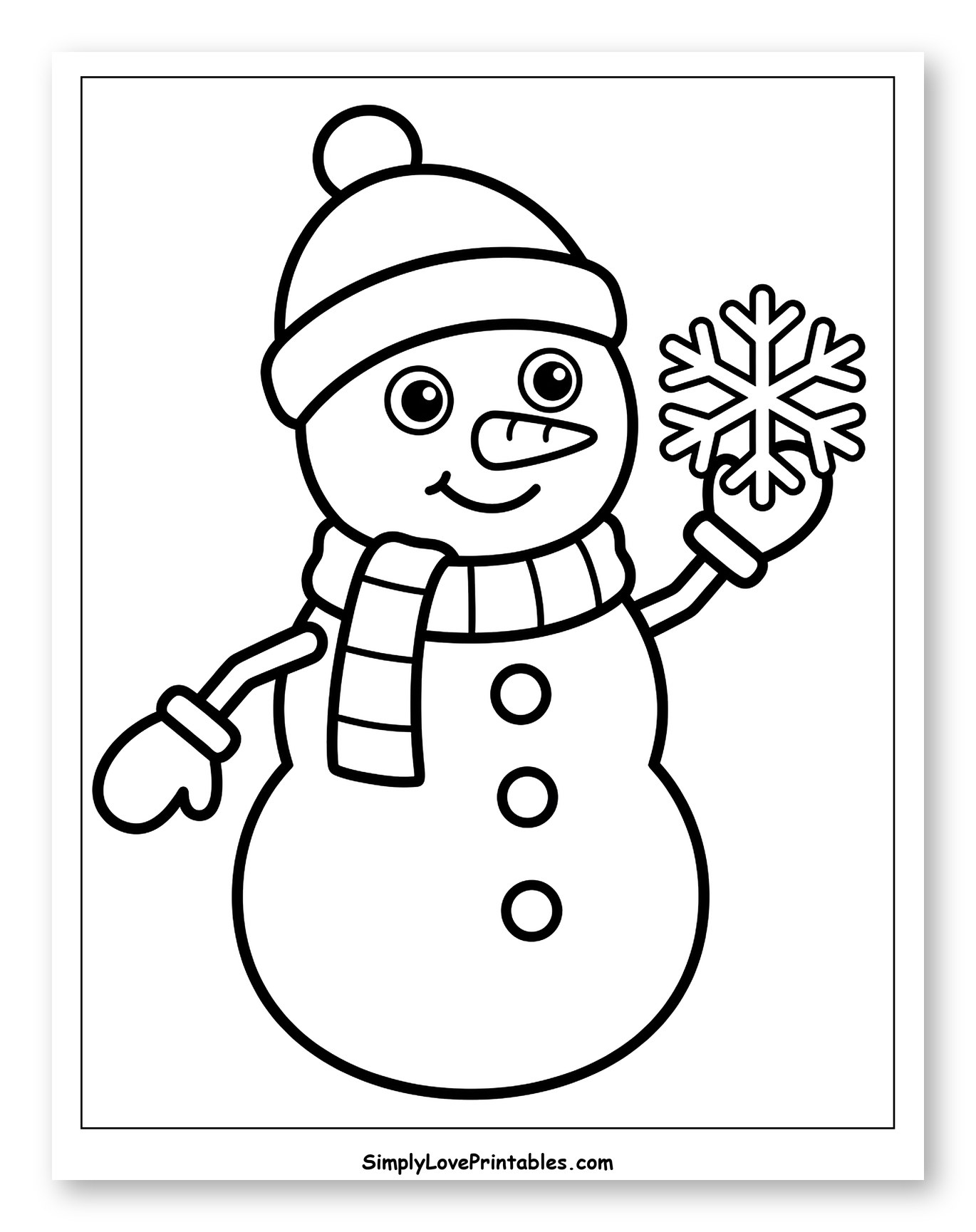 Friendly Snowman Holding a Giant Snowflake to Color for Toddlers