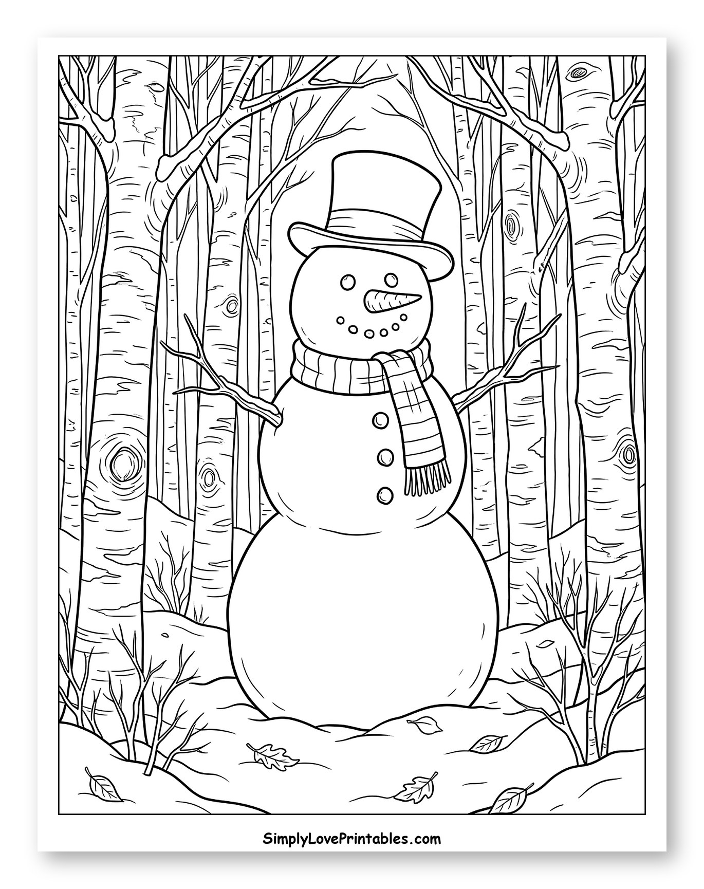 Friendly Snowman in a Birch Forest Coloring Page