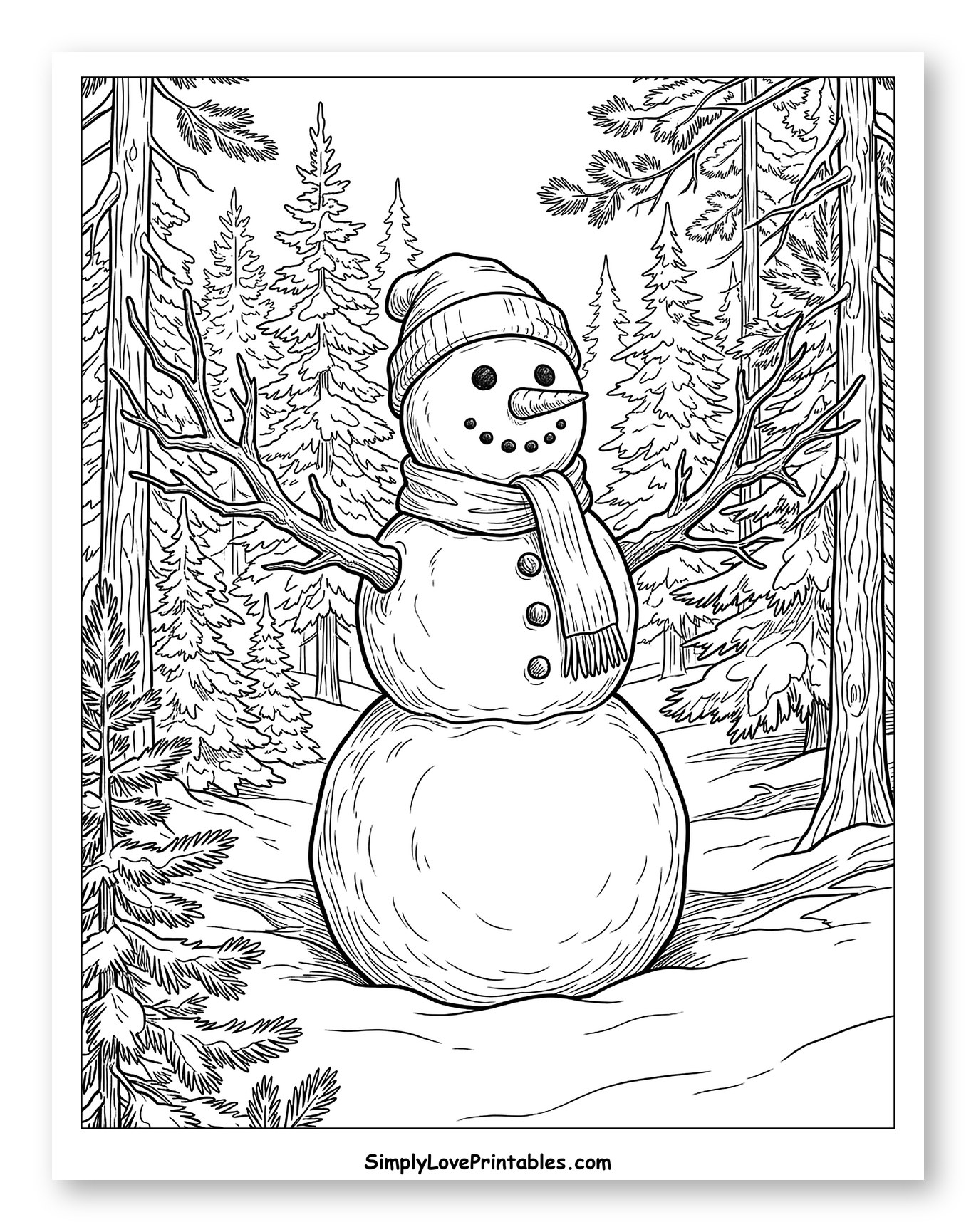 Friendly Snowman in a Snowy Pine Forest Coloring Sheet
