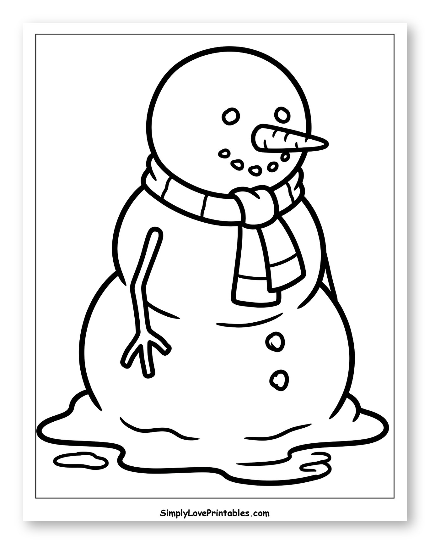 Friendly Snowman Melting into a Puddle Coloring Sheet for Toddlers
