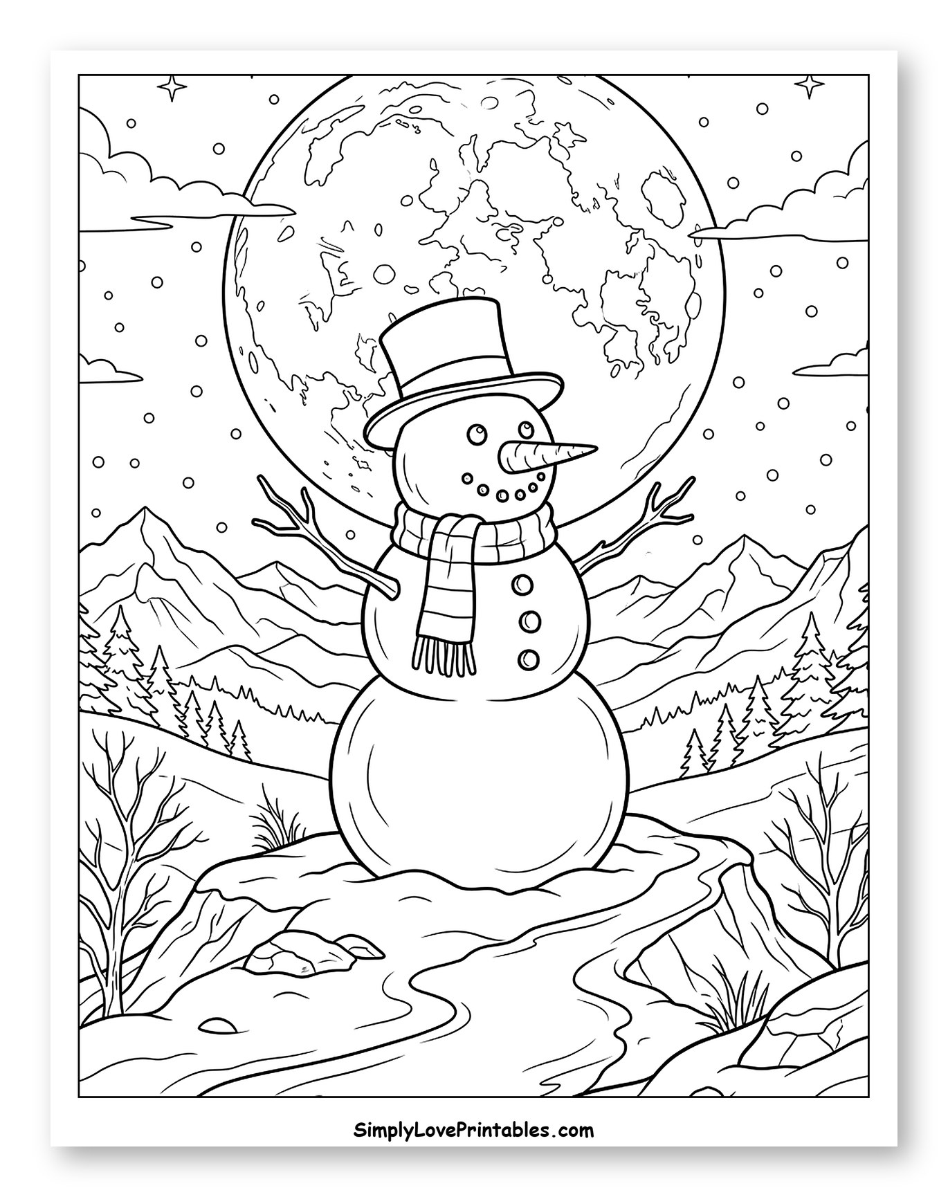 Friendly Snowman Under a Giant Full Moon