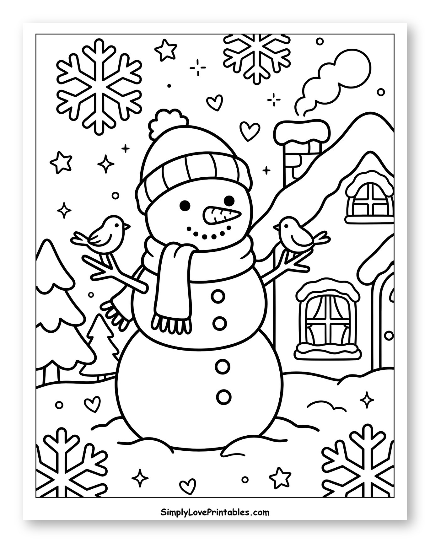 Friendly Snowman with Birds by a Winter Cottage