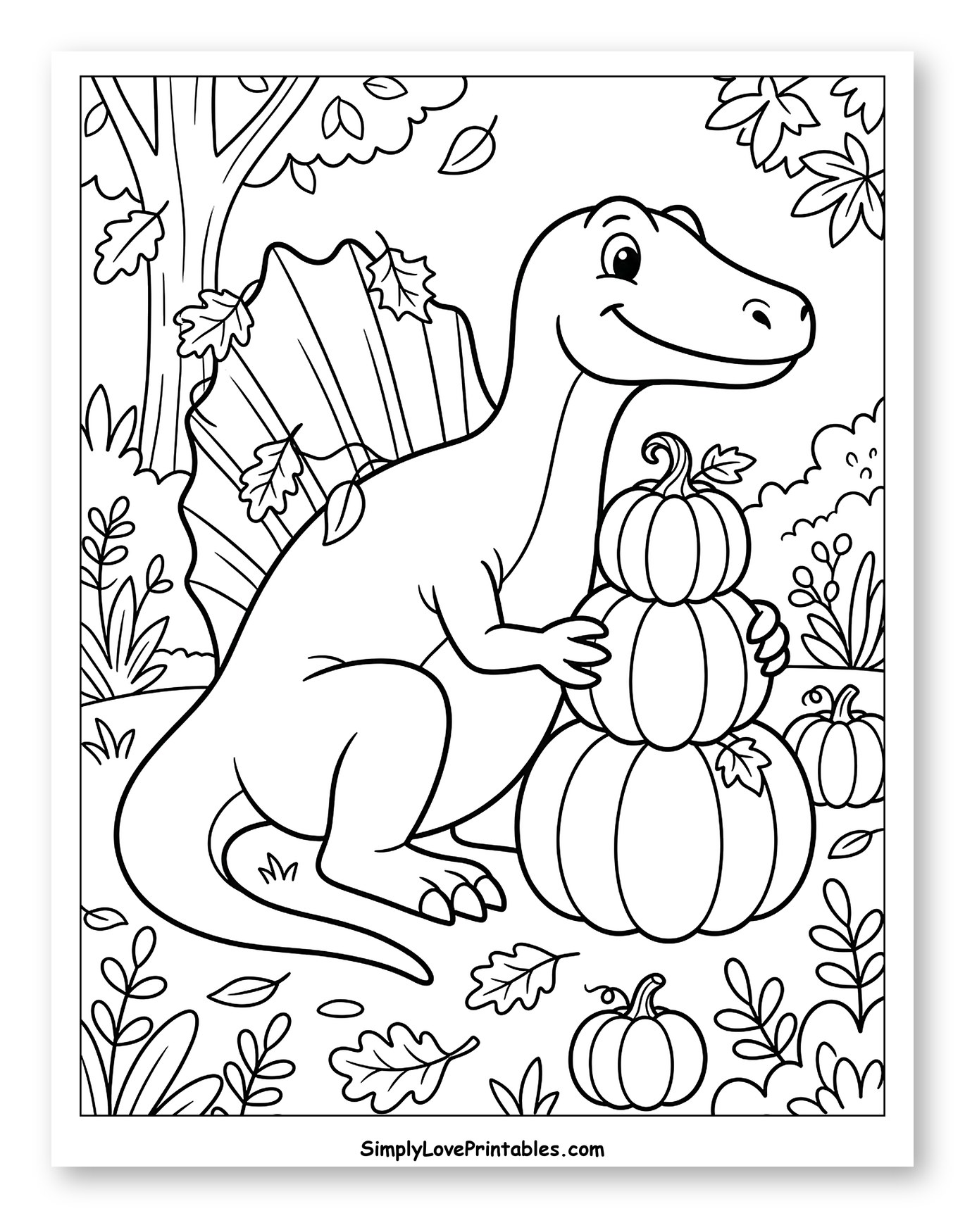 Friendly Spinosaurus with a Stack of Autumn Pumpkins to Color for Kids