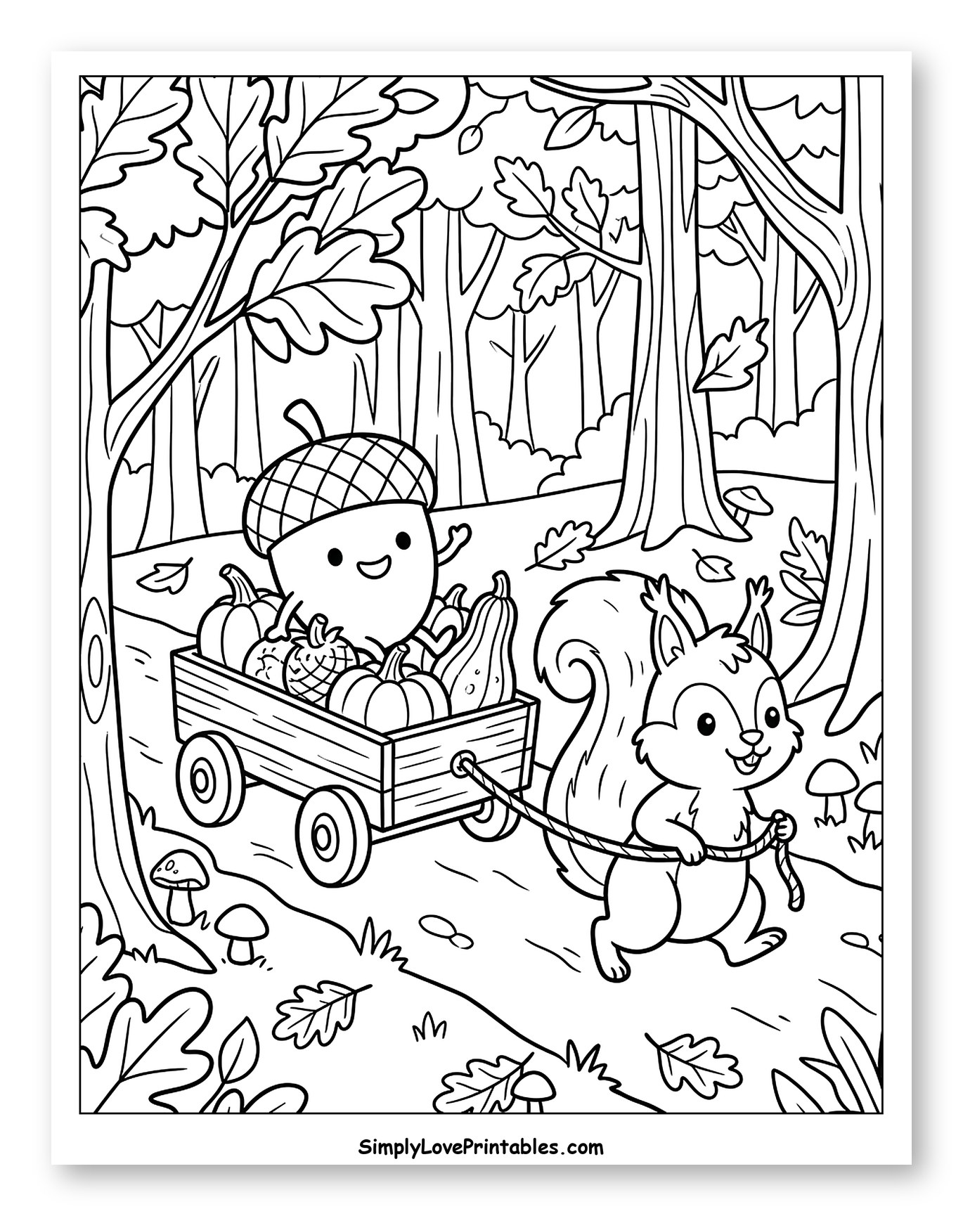 Friendly Squirrel Pulling an Acorn Harvest Wagon