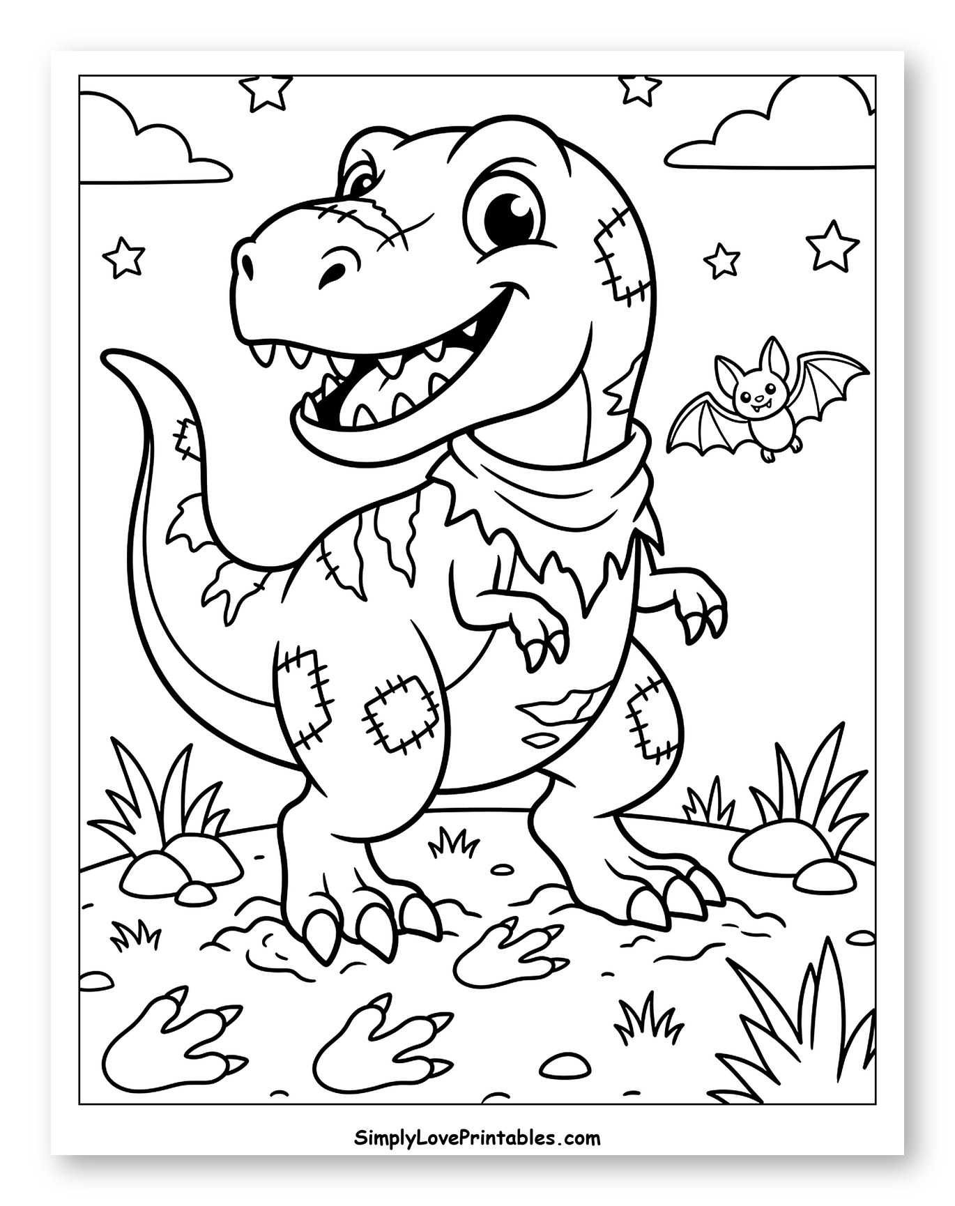 Friendly Stitched Dinosaur and Flying Bat Coloring Sheet for Kids