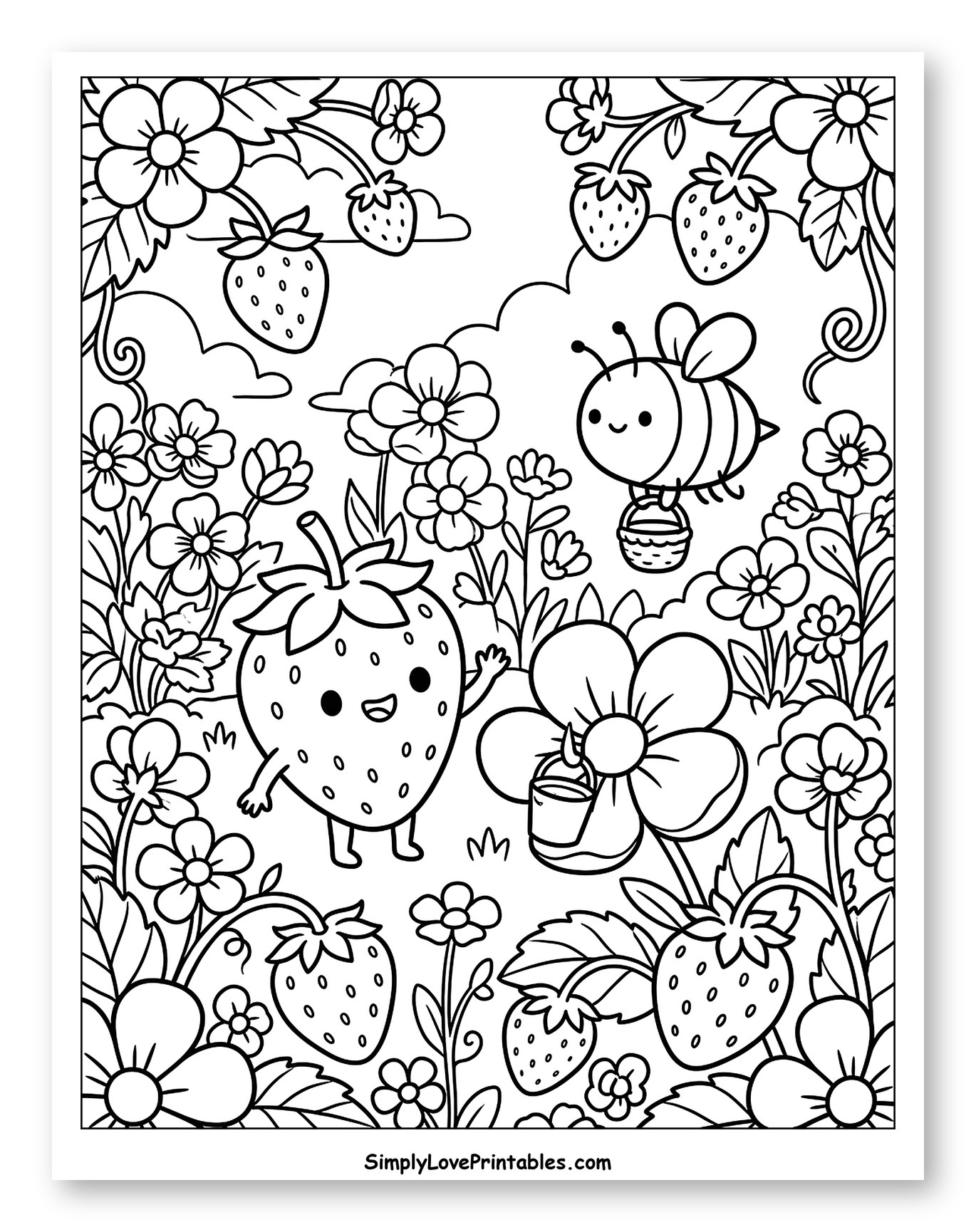 Friendly Strawberry Character in Blooming Garden