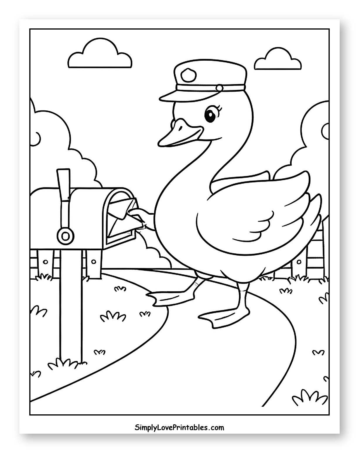 Friendly Swan Postman Delivering Mail to a Mailbox to Color for Kids