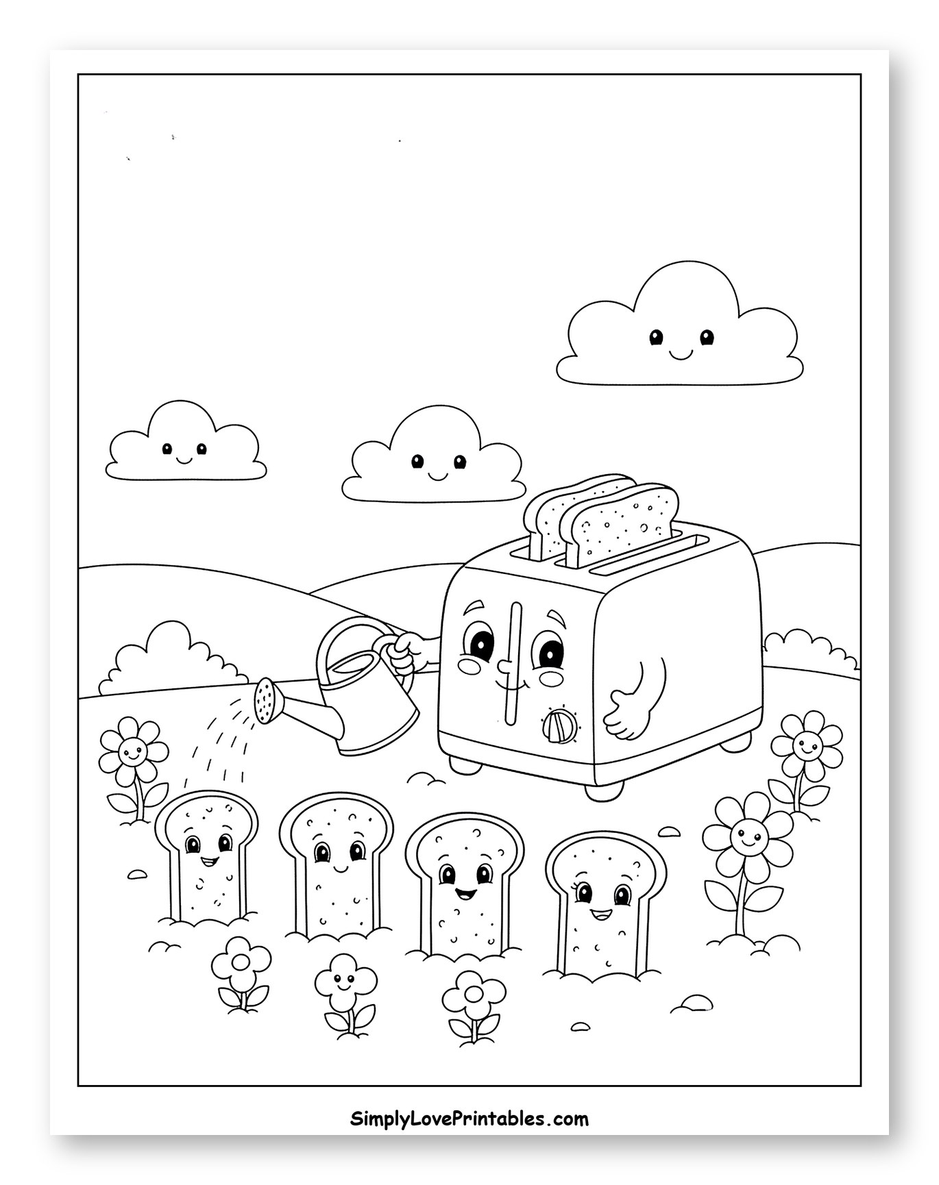 Friendly Toaster Watering Toast Slices in a Field Coloring Page for Kids