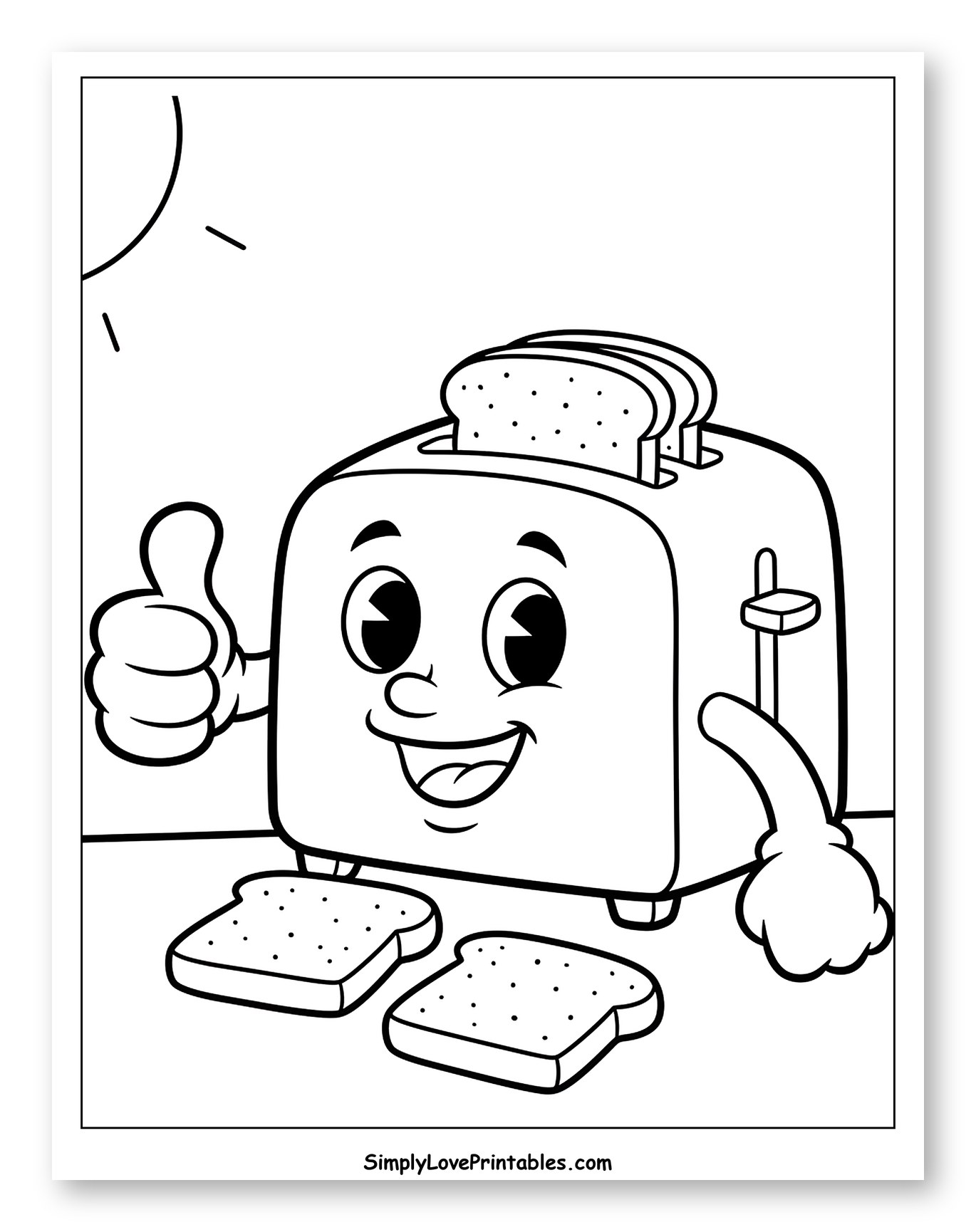 Friendly Toaster with Bread and Thumbs-Up Coloring Sheet for Toddlers